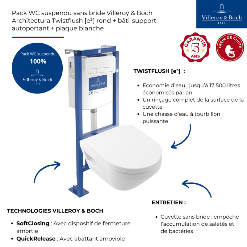 Pack WC suspendu sans bride Villeroy & Boch Architectura Twistflush [e³] rond + bâti-support ViConnect + plaque blanc - 3