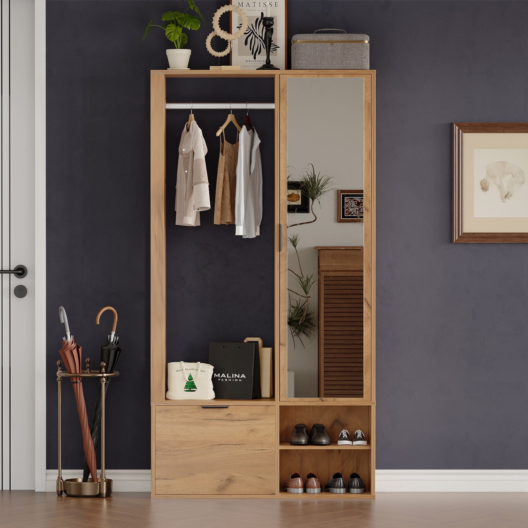 Ensemble vestiaire d'entrée 100x33x190cm - avec meuble à chaussures - avec miroir - 2 portes - panneaux de particules - naturel - 6