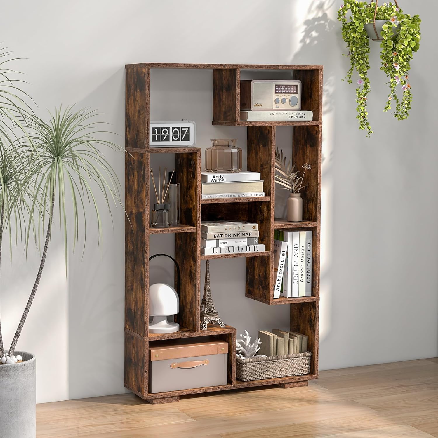 Bibliothèque Meuble de Rangement, Étagère Bureau en Bois pour Salon 70 x 20 x 120 CM, 9 Étagère Cube Ouverte, Kit Anti-basculement (Café) - 4