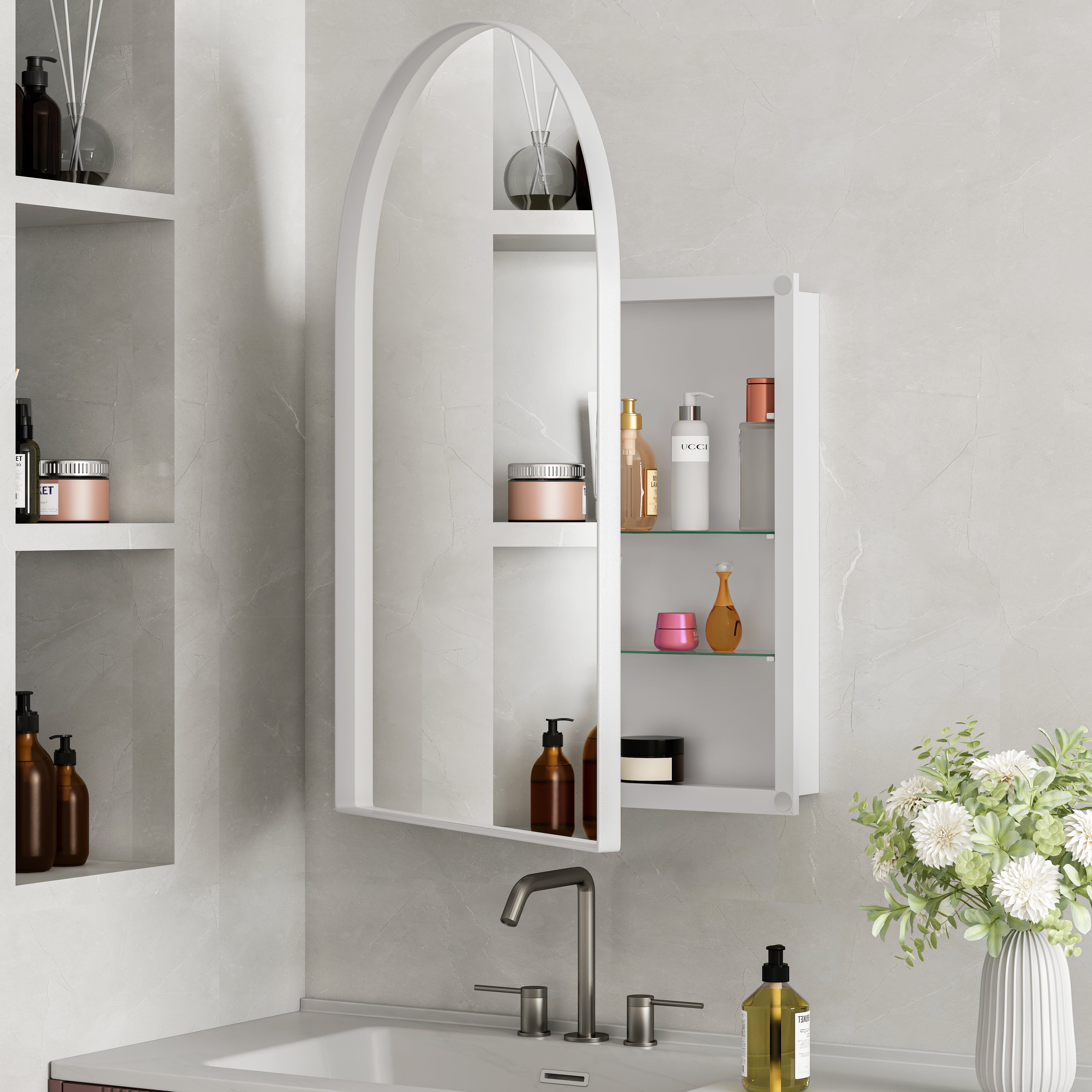 Armoire à Pharmacie Avec Miroir Et Lumières - Porte Coulissante Style Grange - 2 étagères Réglables - 80x62x20 Cm