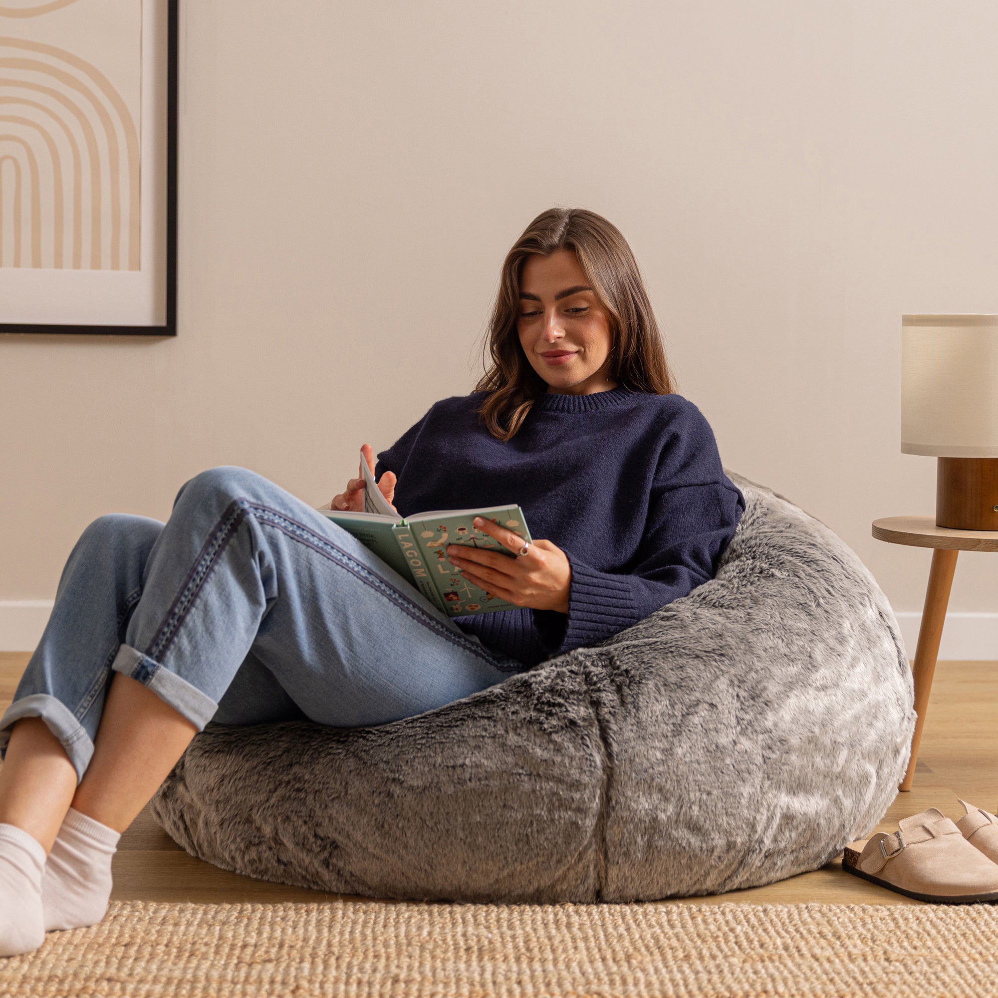 Pouf Icon fausse fourrure gris loup, salon, chambre, 85x85cm, Made in Allemagne, Oeko-Tex® - 3