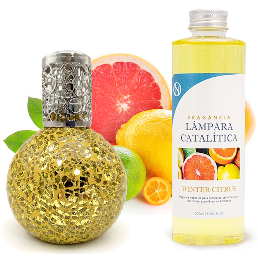 Lampe catalytique Mosaïque Dorée + Arôme Winter Citrus 200 ml - Élimine ...