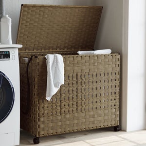 COSTWAY 75 L Cesto Portabiancheria 3 Scomparti, Portabiancheria Sporca in Metallo Antiruggine con Piano in Legno Ingegnerizzato e Sacche Estraibili Idrorepellenti, per e Bagno e Lavanderia (Caffè