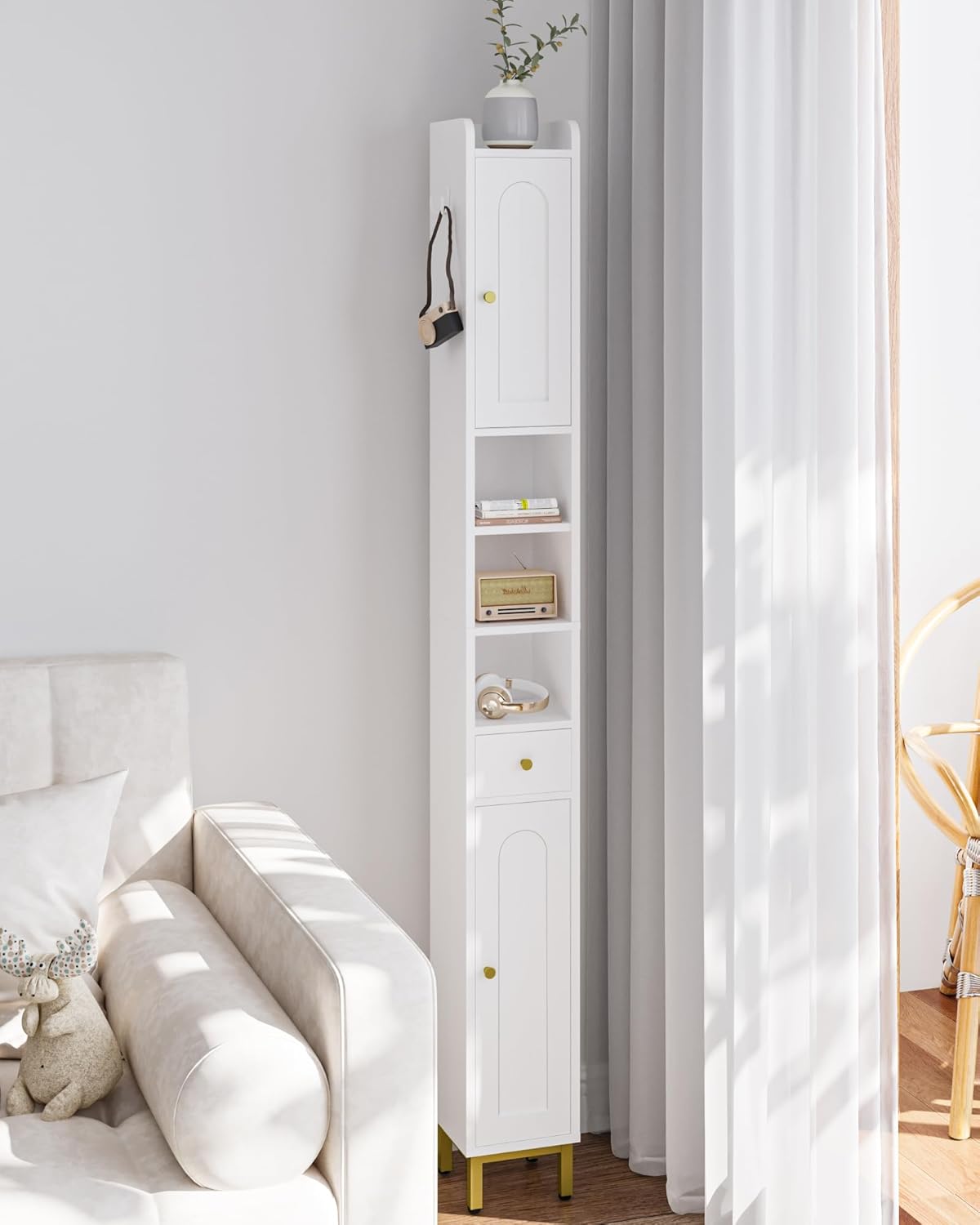 Armario para Baño Alto, Armario Estrecho para Papel Higiénico 2 Puertas y Cajón, Organizador de Baño Estante Ajustable, Blanco - 3