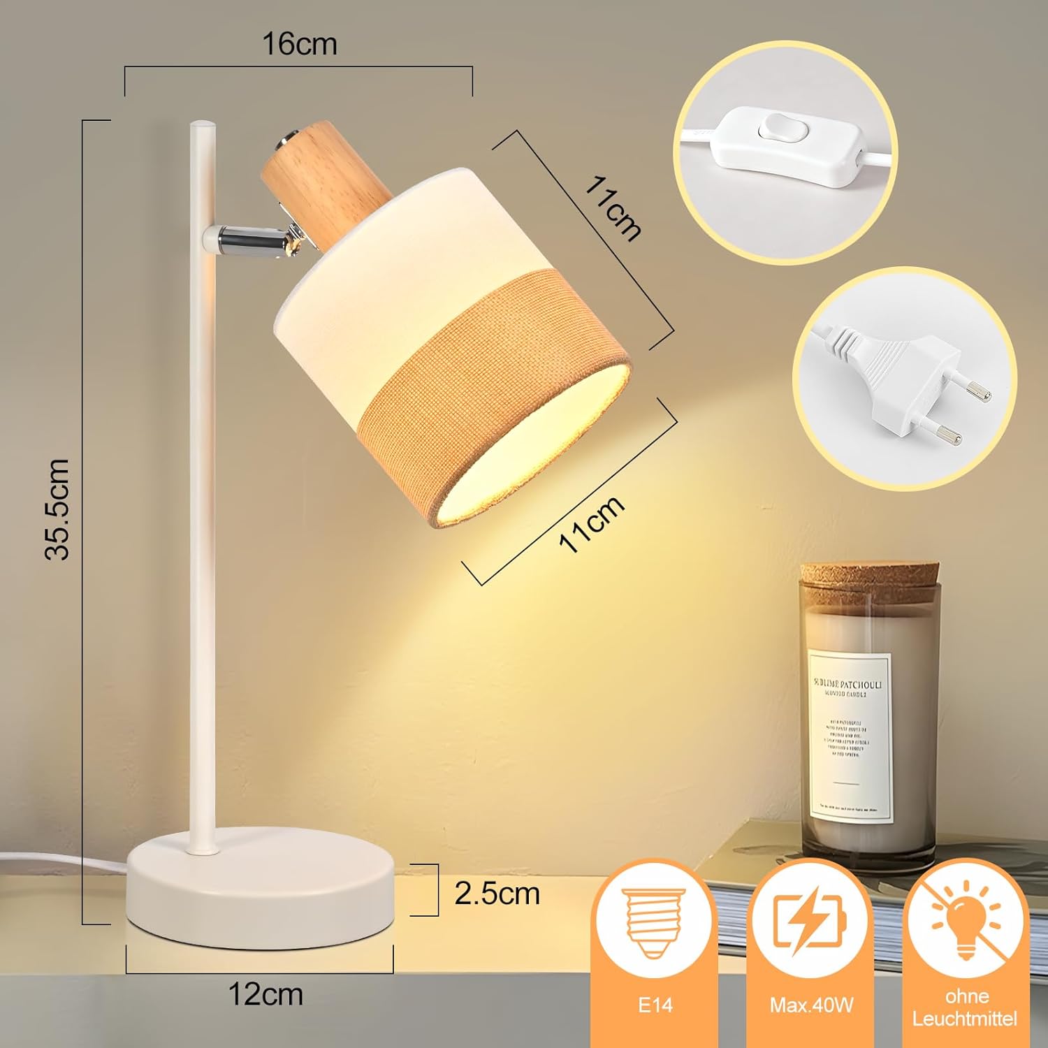 Nettlife Lampa Stołowa Vintage Drewno E14, Klosz Tkanina, Obrotowa, Rustykalna do Sypialni i Biura (Brak żarówki) - 7