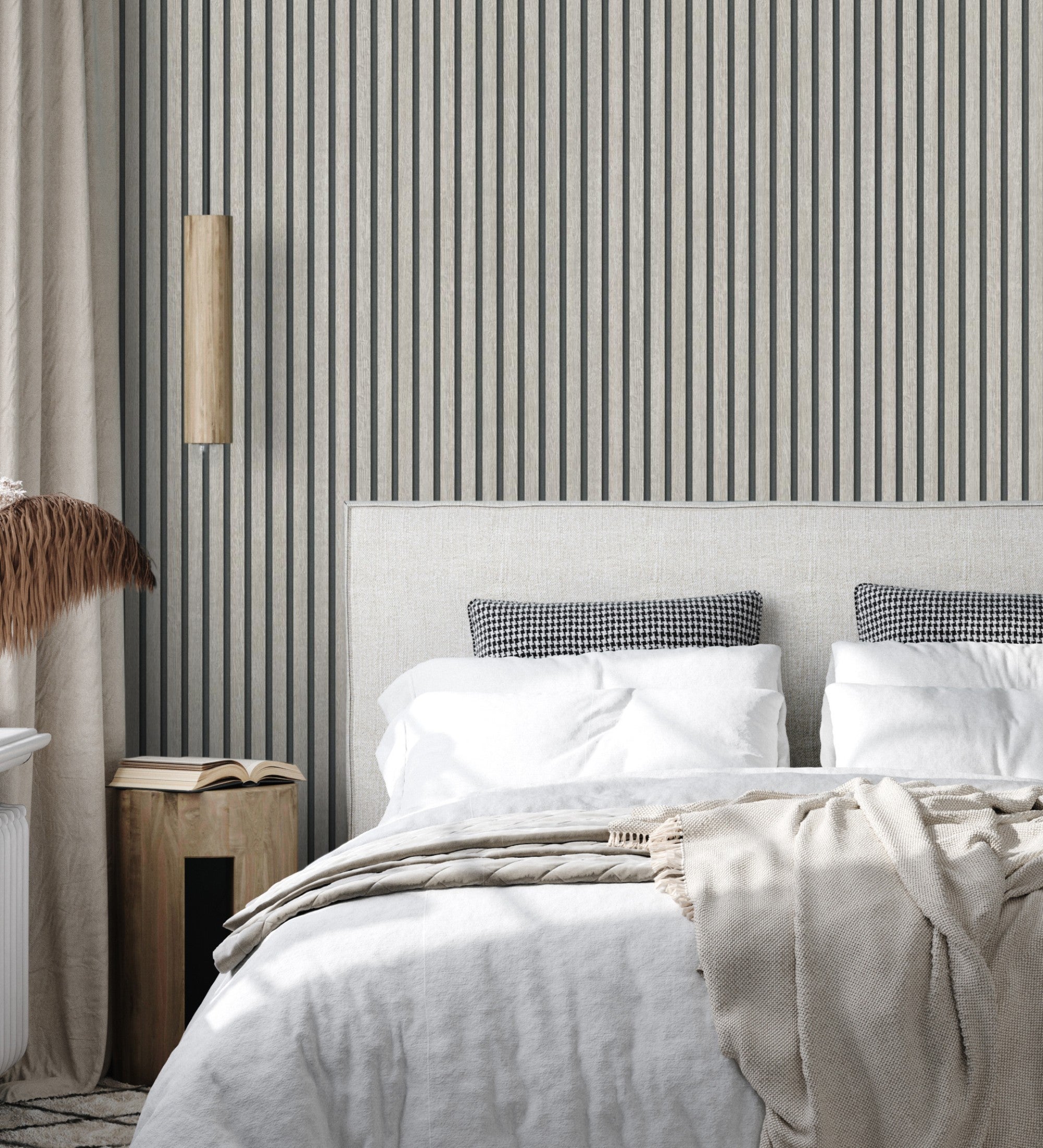 Papel pintado de listones de madera gris imitando el diseño de palillería - lance wood line 682664 de gaulan - rollo de 10 m x 0,53 m