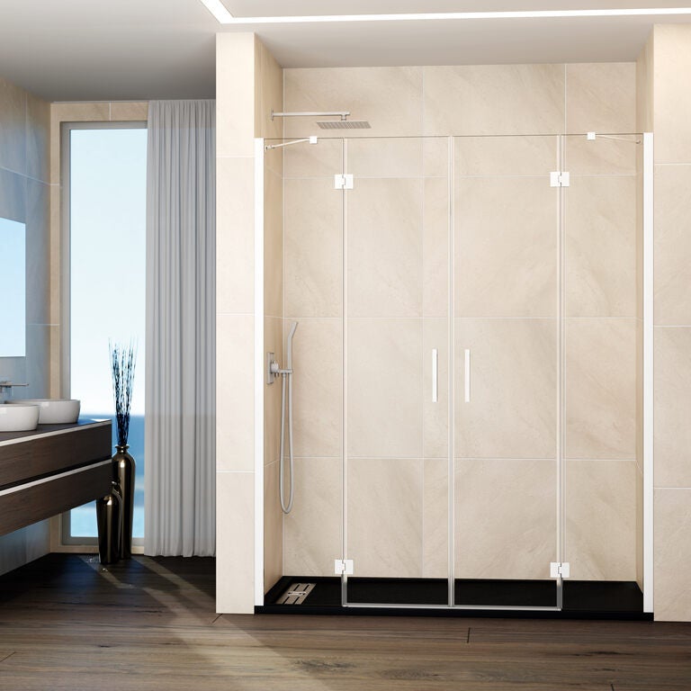 Paravan frontal GLASS 2 panouri fixe + 2 uși batante 202.5 cm (199,5-205,5; 60+45+45+60) alb sticlă transparentă