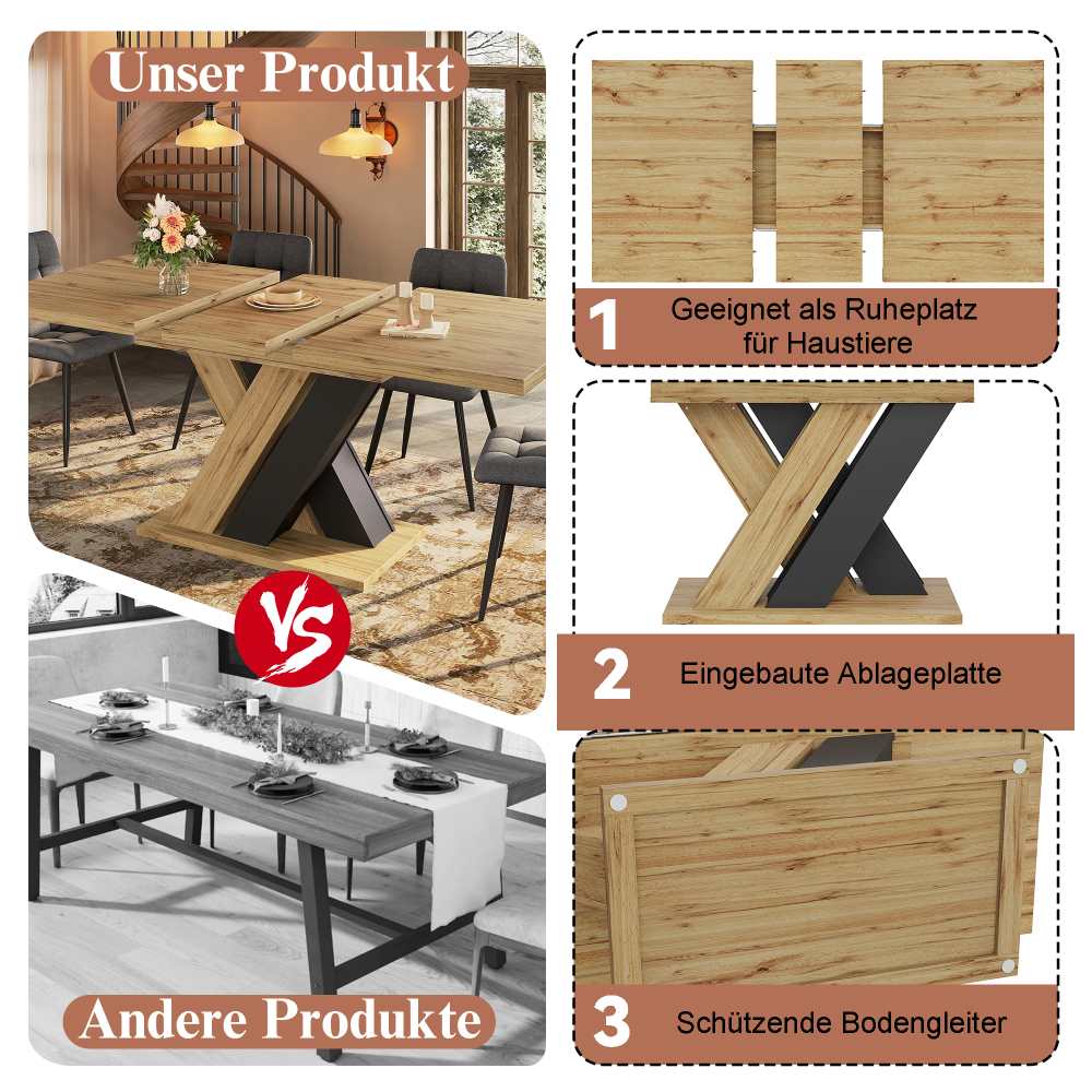 Table extensible multifonction gain de place en MDF effet bois avec rangement intégré, pieds en X stables, design moderne et robuste - 5