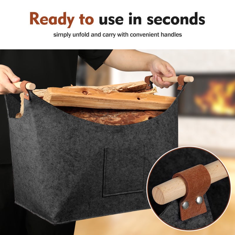 Cesto de feltro com alças de madeira, cesto para lenha, 5 mm, cinza escuro - 3