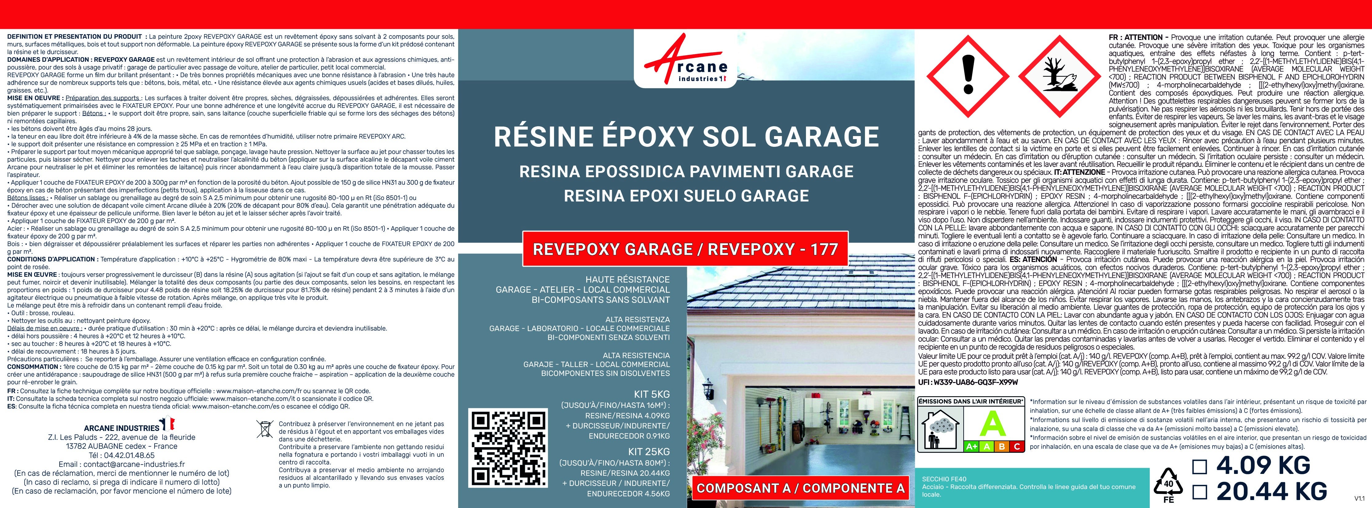 PEINTURE EPOXY SOL GARAGE - REVEPOXY GARAGE - 5 kg (jusqu'à 16 m² en 2 couches) Telegris 4 - RAL 7047 - ARCANE INDUSTRIES - 6
