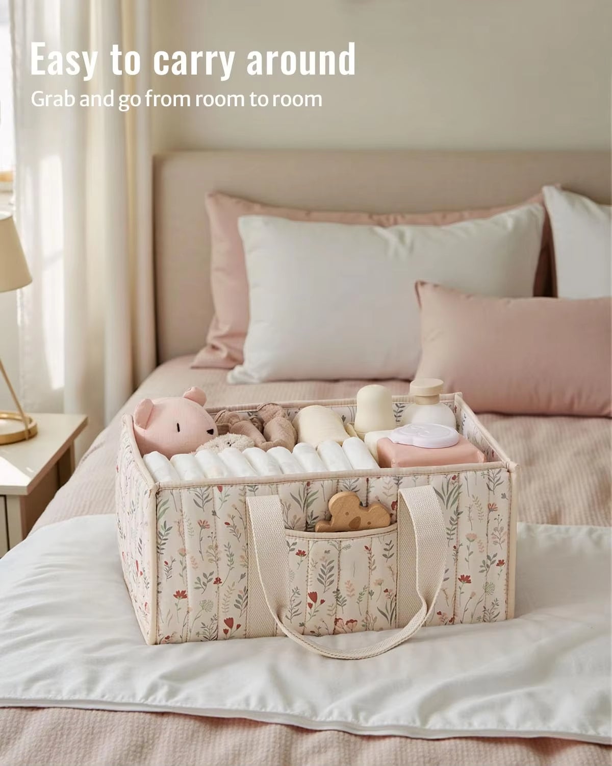 NICOLA Organisateur de caddie à couches,panier de rangement pour chambre d'enfant,registre de bébé indispensable,Beige floral - 5