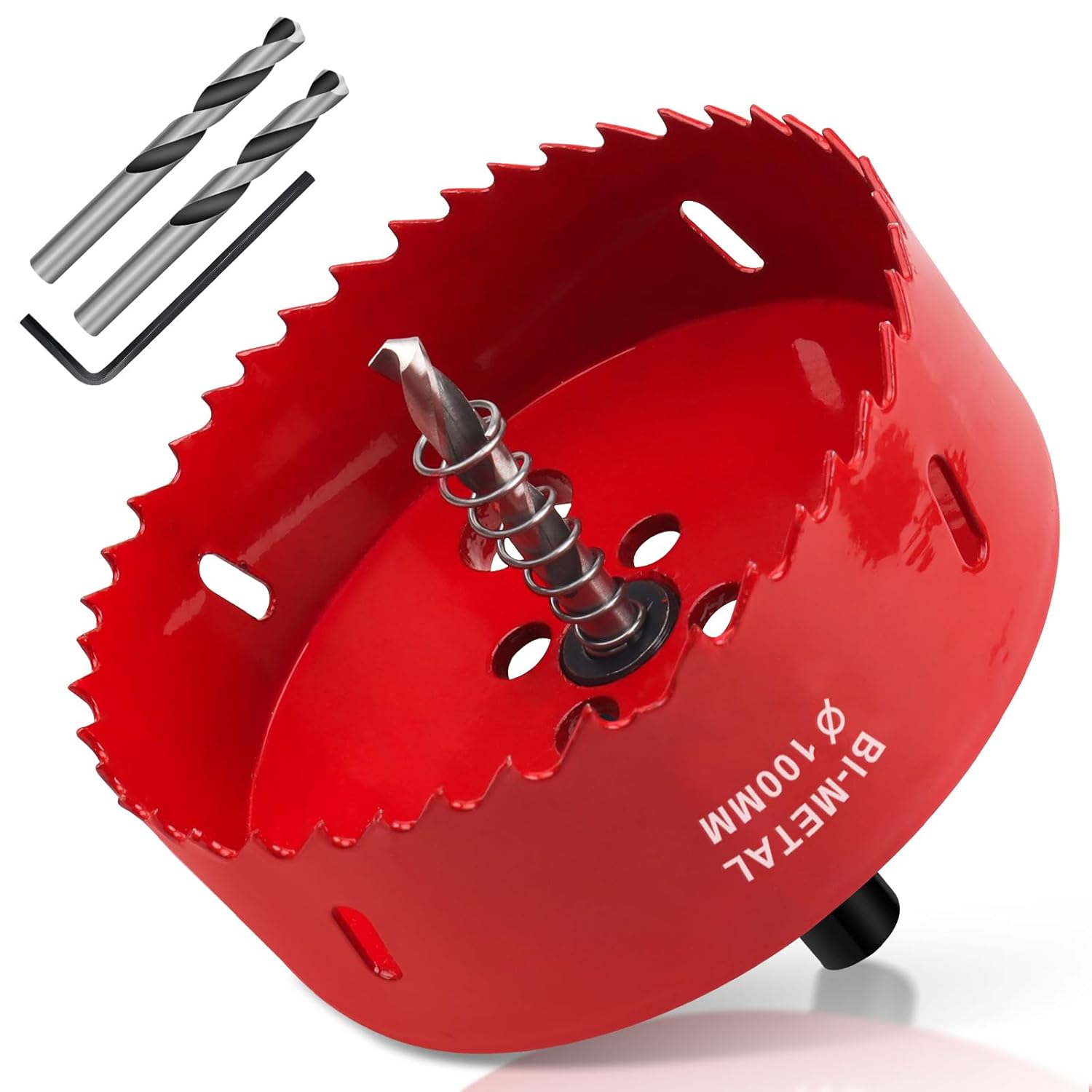 Carotă bimetalică HSS M42 de 100 mm cu adaptor și burghiu de centrare, pentru lemn, placo, gips-carton și plastic, culoare roșie.