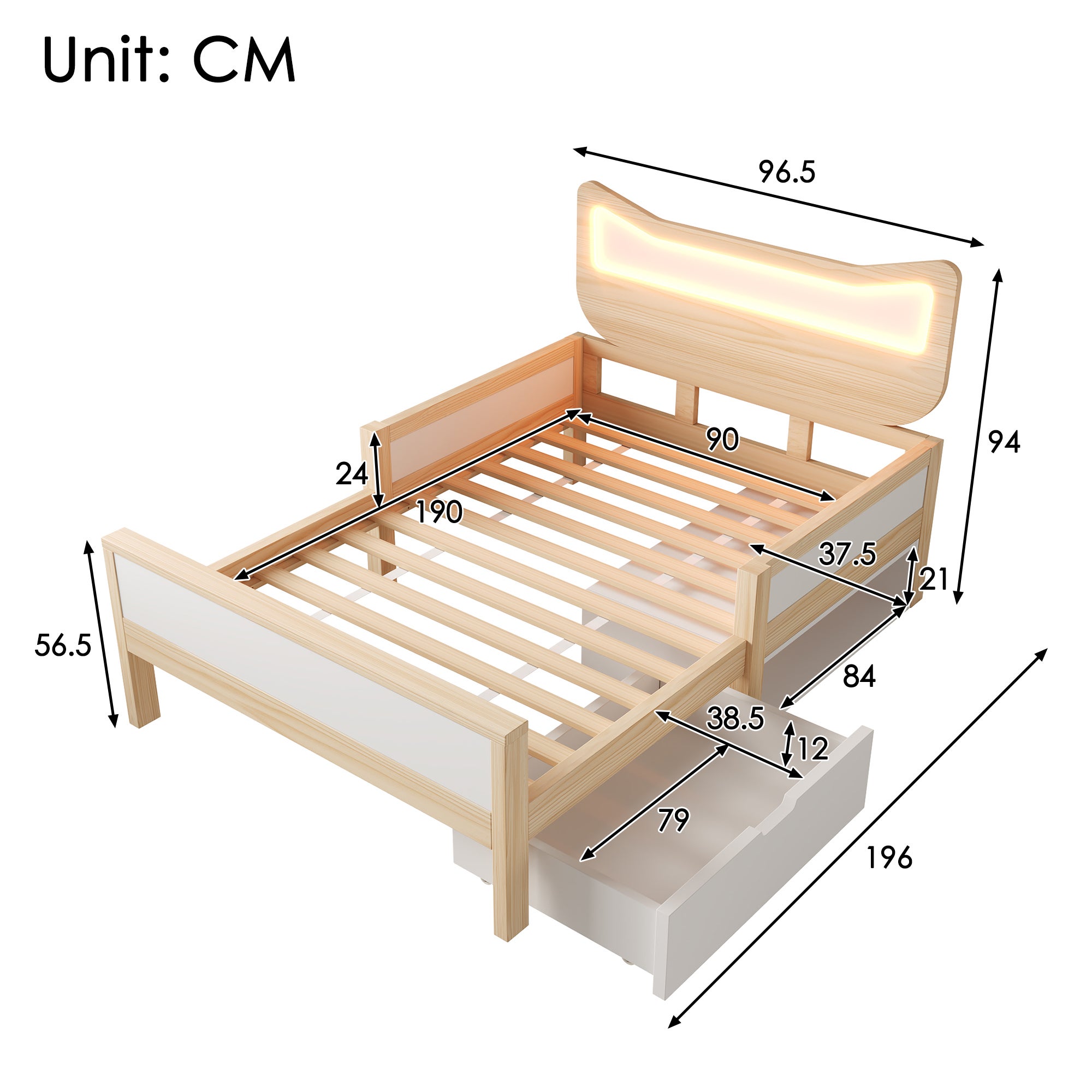 Lit enfant 90×190 cm avec RGB LED et tête de lit oreilles de chat,Lit simple avec tiroirs et compartiments de rangement,Blanc+chêne(Sans matelas) - 6