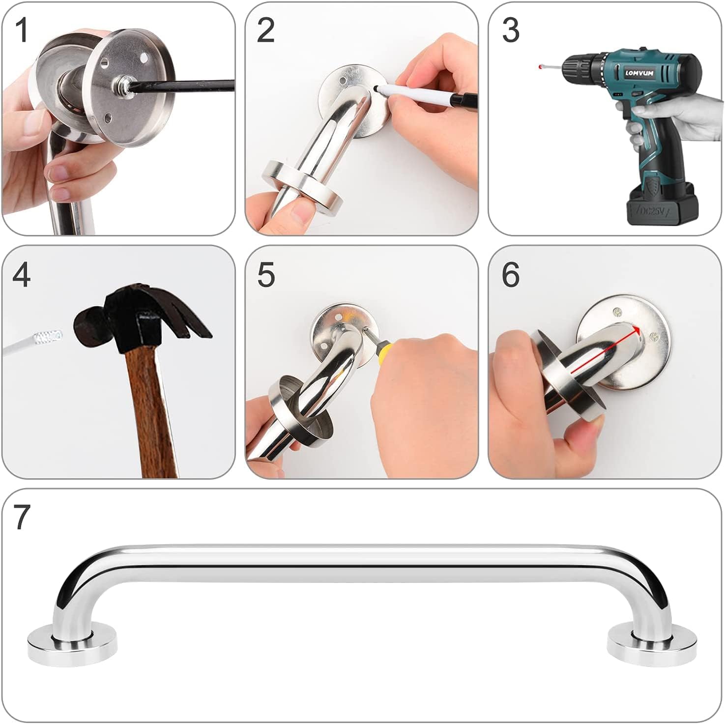 Barre d'appui de douche, en acier inoxydable, adaptée aux personnes âgées/handicapées/enfants/femmes enceintes, argent 60 cm - 3