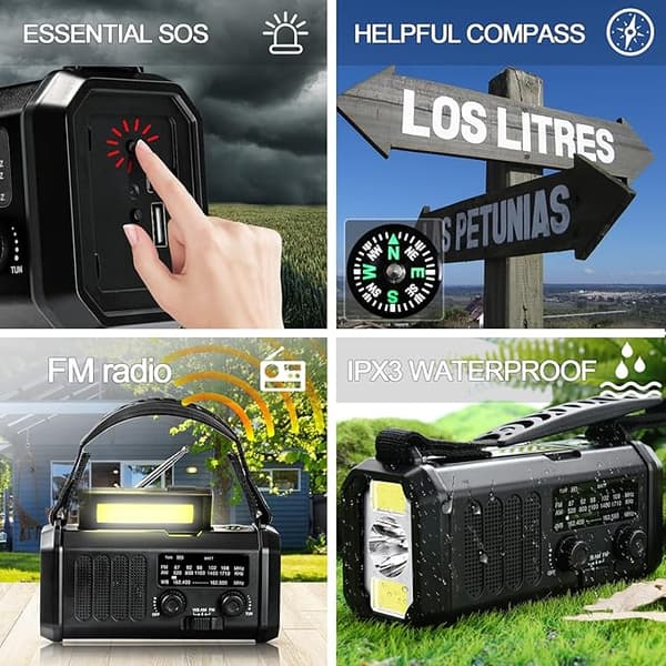 Radio de emergencia con linterna: radio de manivela con energía solar de 10 000 mAh, radio AM/FM/WB, alarma SOS, carga USB-C y brújula incorporada - 5