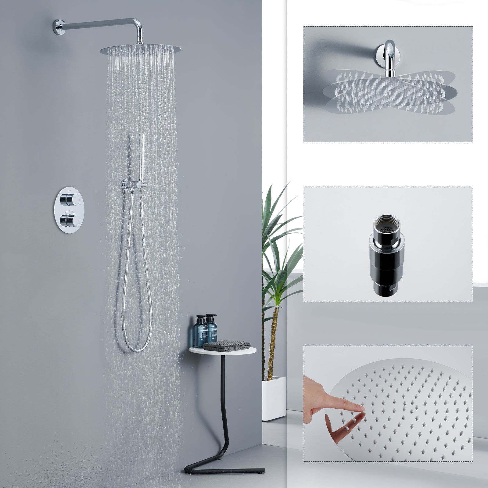 Encastré Colonne de Douche Thermostatique Système de Douche Rond Grande Douche de Tête Set de Douche Encastrée en Laiton Chromé Design Moderne - 5
