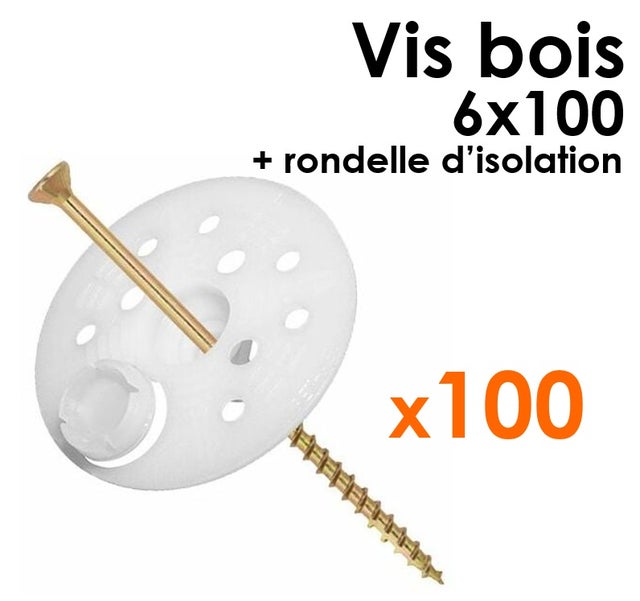 Pack 100 Rondelles d'isolation D.60 mm + Vis à bois L. 100 mm