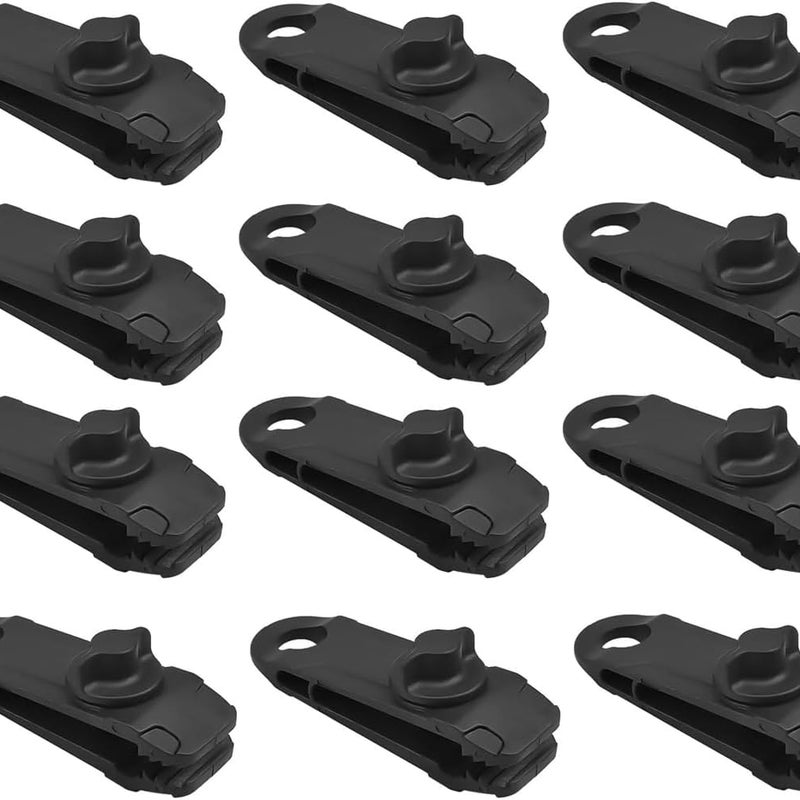 Opakowanie 12 czarnych, wytrzymałych klipsów zaciskowych do plandek, namiotów, przyczep kempingowych, ogrodów, osłon przeciwsłonecznych, tkanin, łod