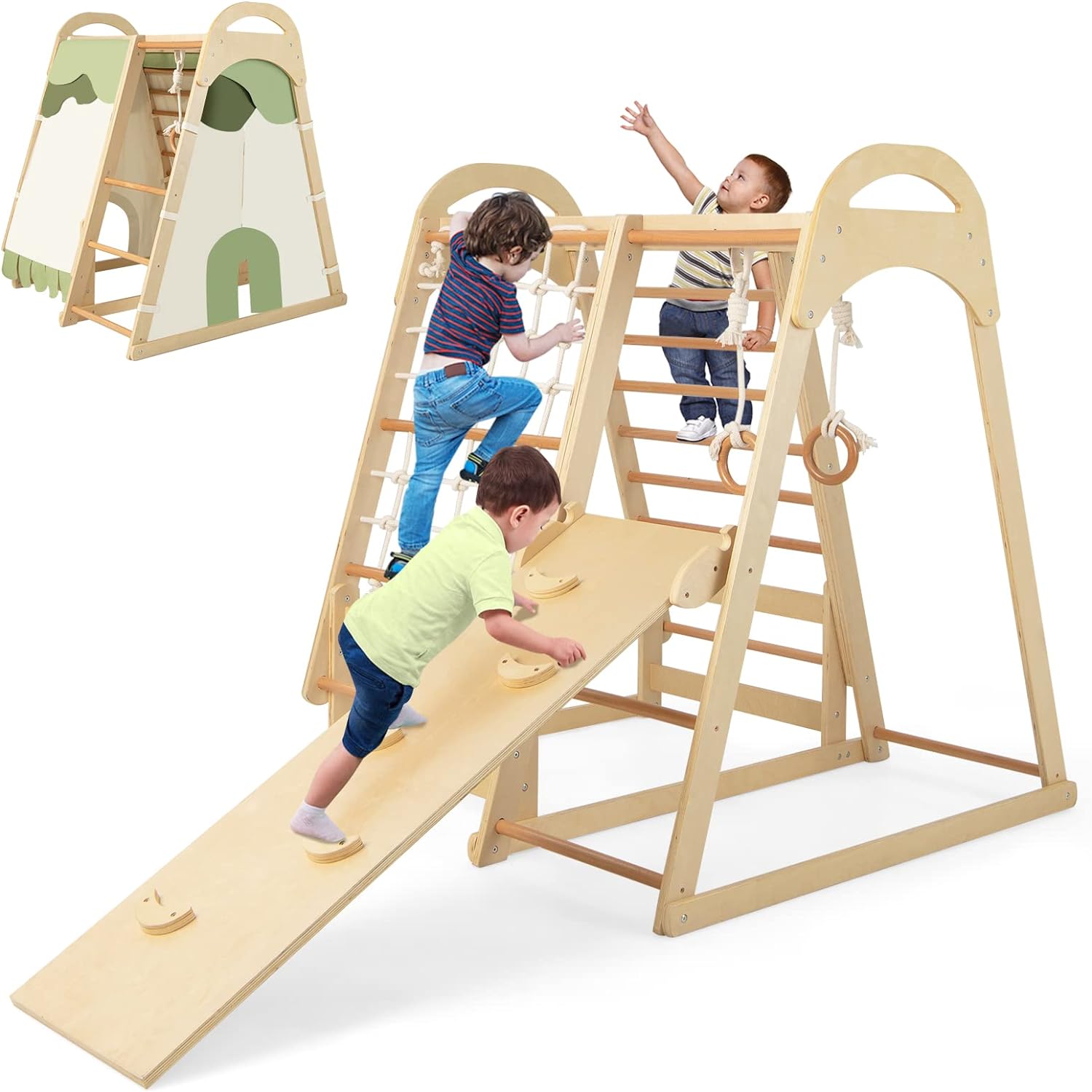Échelle Murale Enfant 7 En 1 Avec Anneaux De Gymnastique, Corde, Barre De Traction - Charge 100 Kg - Pour Enfants 3+ Ans - Intérieur - GOPLUS