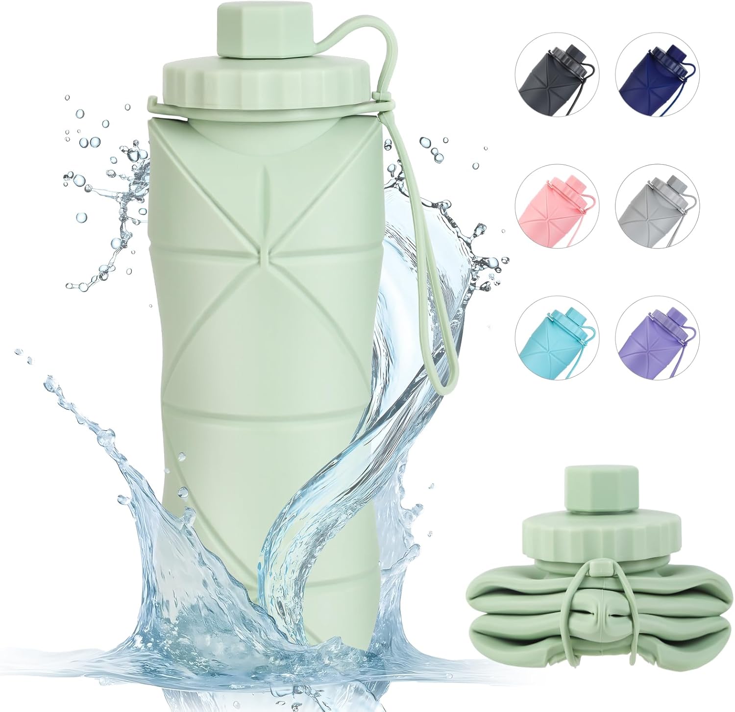 Gourde de voyage pliable en silicone 600 ml (20 oz), réutilisable, étanche, sans BPA, avec bandoulière, verte - 2