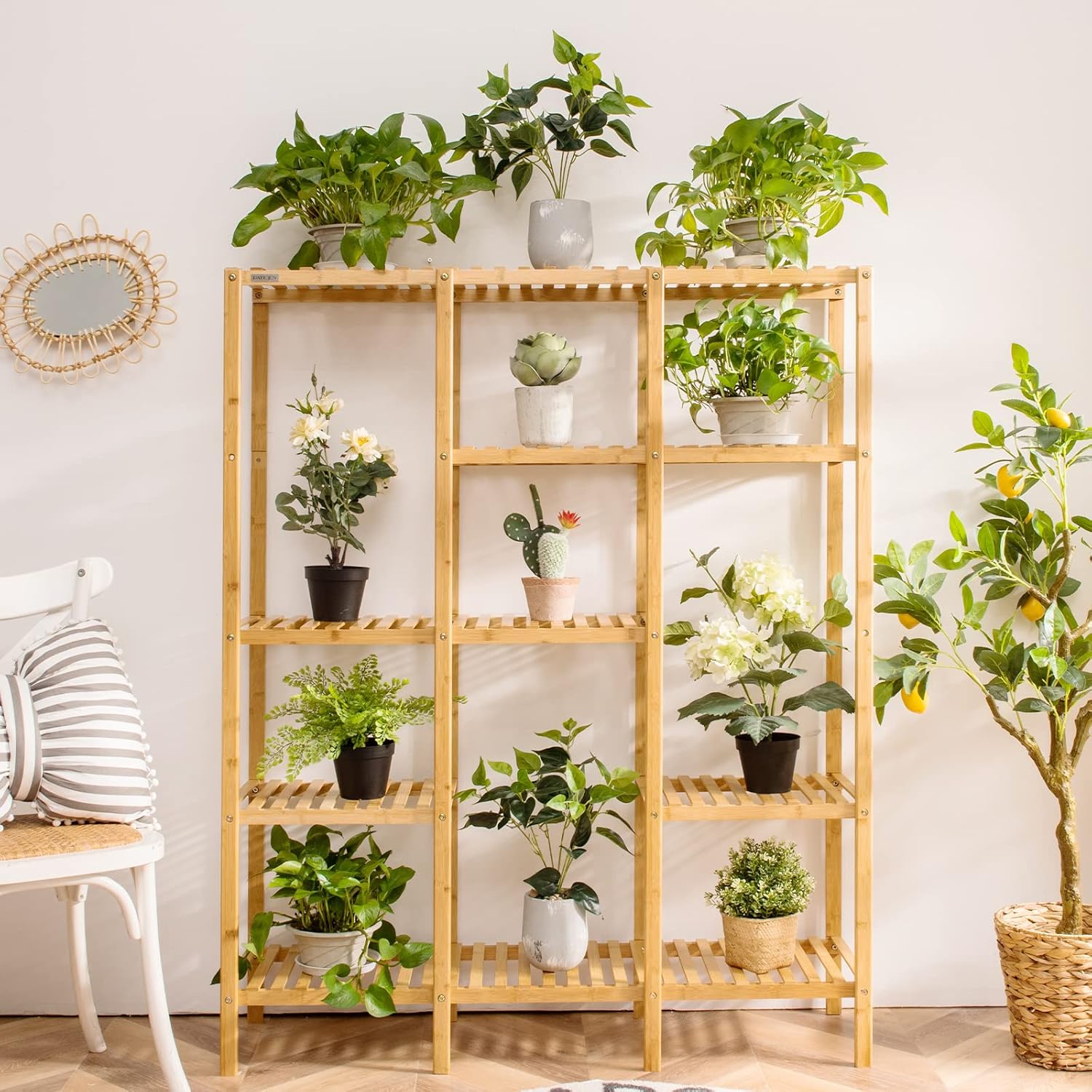 Support de pot pour Plantes en Bambou, Etagères à 5 Niveaux pour 12 Pots de Plantes,pour Salon, Balcon, Jardin, Terrasse, 114 x 31,5 x 141 cm - 2