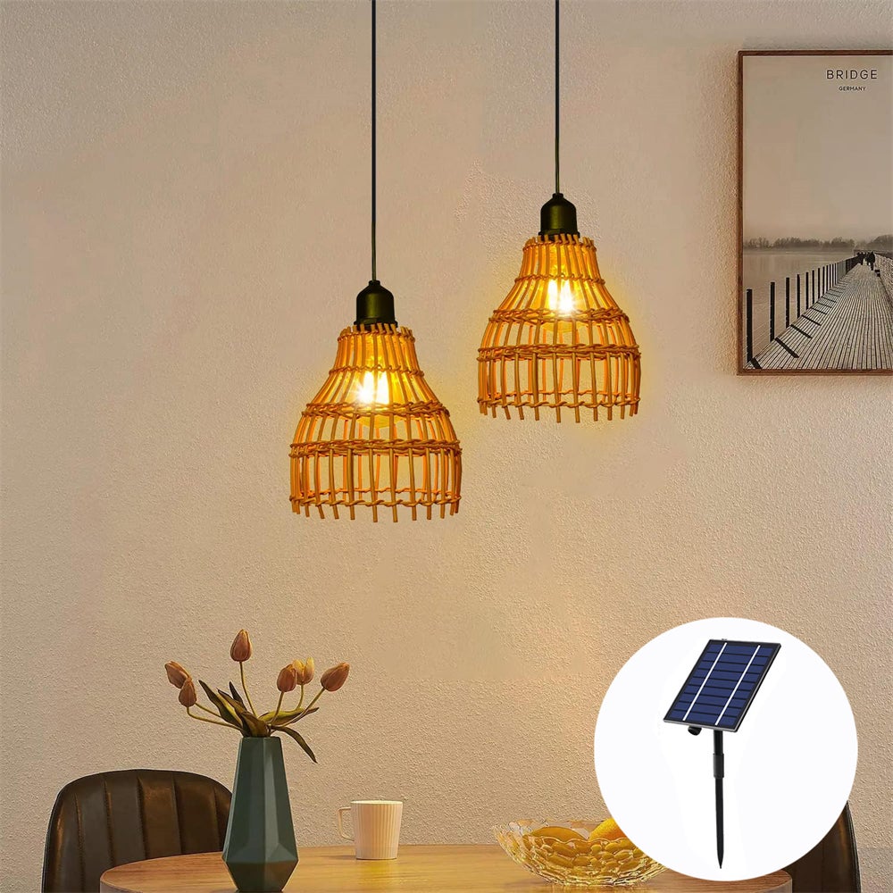 Zestaw 2 solarnych żyrandoli, wodoszczelne zewnętrzne żyrandole solarne z rattanu E27, odpowiednie na balkon, korytarz i do salonu