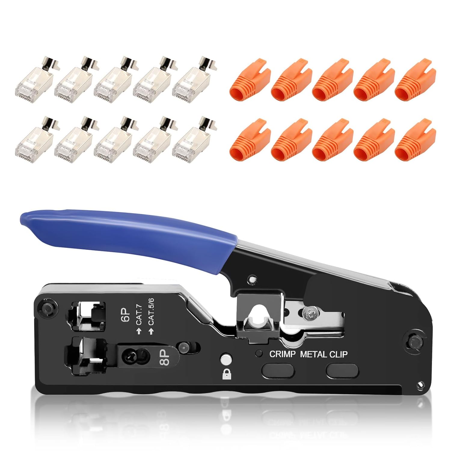 Zestaw narzędzi do zaciskania złączy sieciowych, narzędzie do zaciskania złączy RJ45 z 10 złączami LAN Cat 7 Cat6A, zestaw narzędzi sieciowych