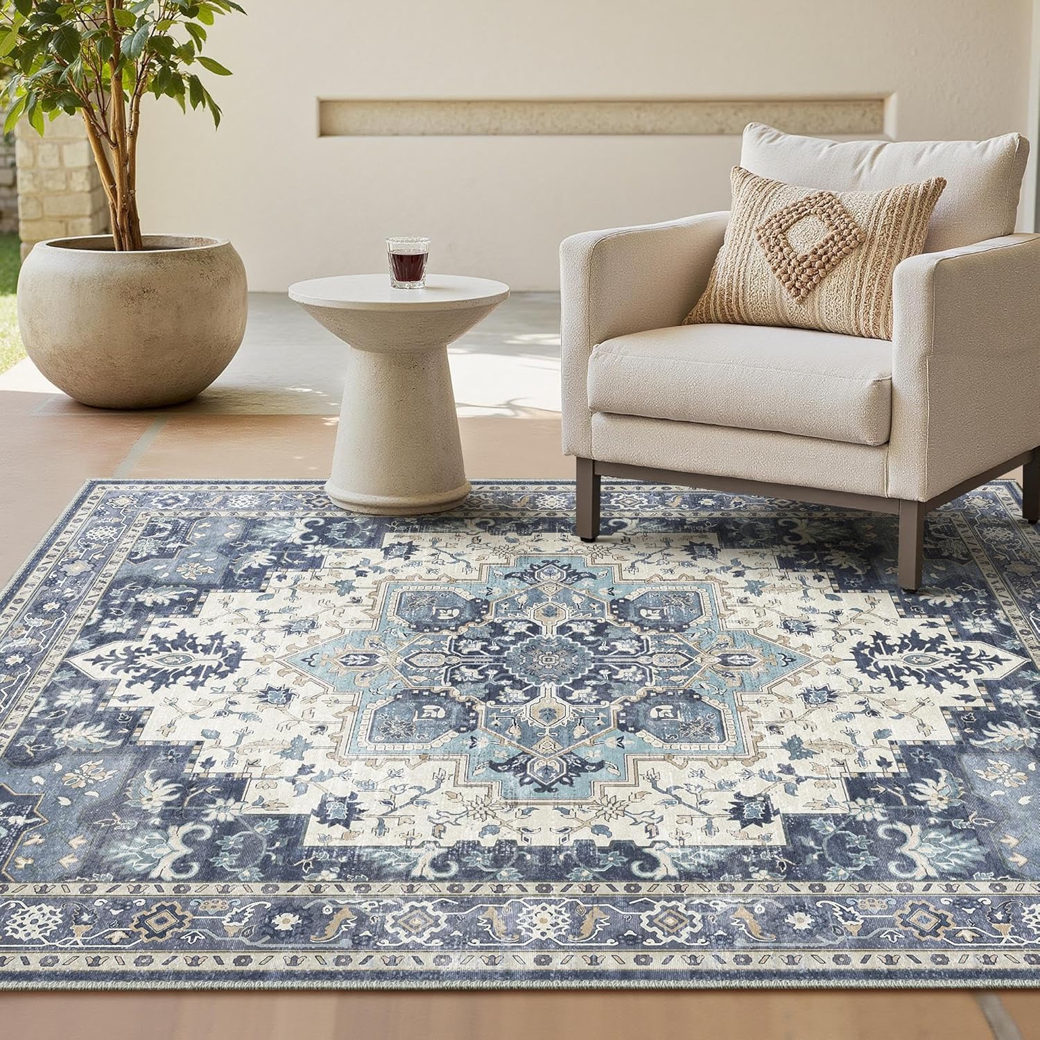 1 tapis de salon vintage bleu foncé, 120 x 160 cm, envers antidérapant, lavable, poils ras, convient pour cuisines, salles à manger, bureaux et chambr - 8