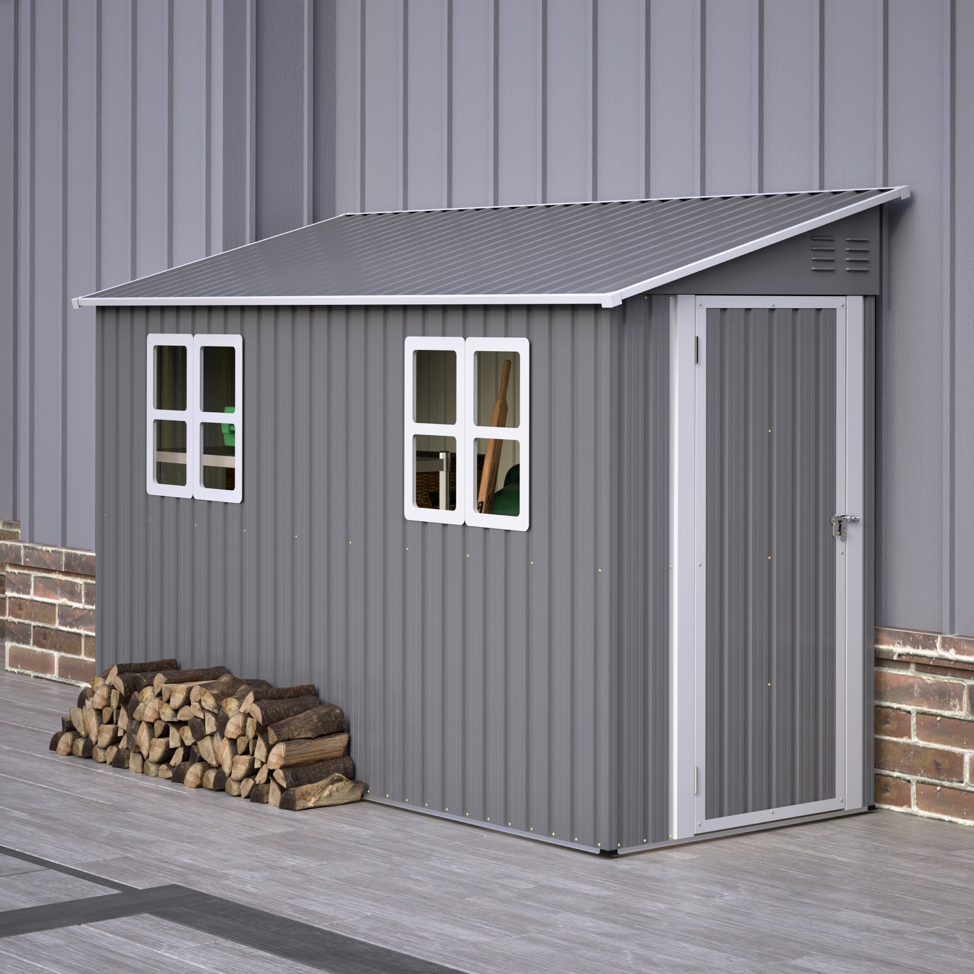 Caseta de jardín exterior3,2 m² /291x110x188 cm con kit de suelo – Caseta para herramientas con 2 puertas+ 2 ventanas,Cobertizo Metálico - Gris - 9