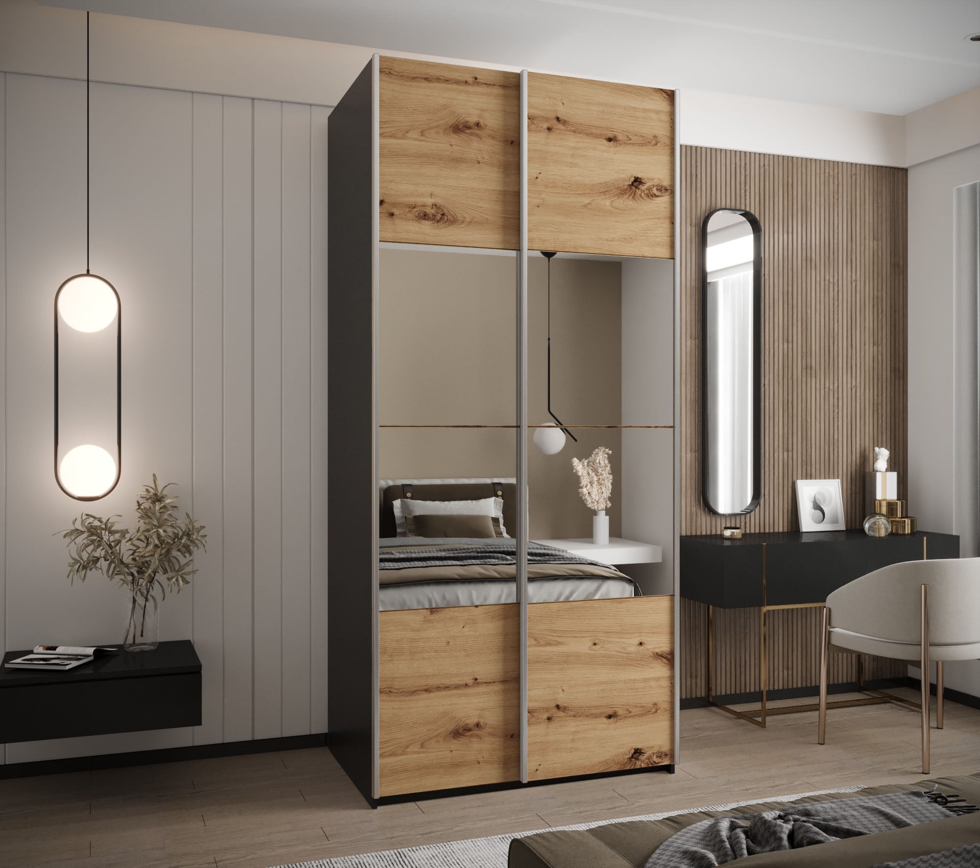 Szafa przesuwna wysoka Lux 4 100 x 64 x 245,5 cm czarny + artisan + u. srebrny - Abiks Meble - 2