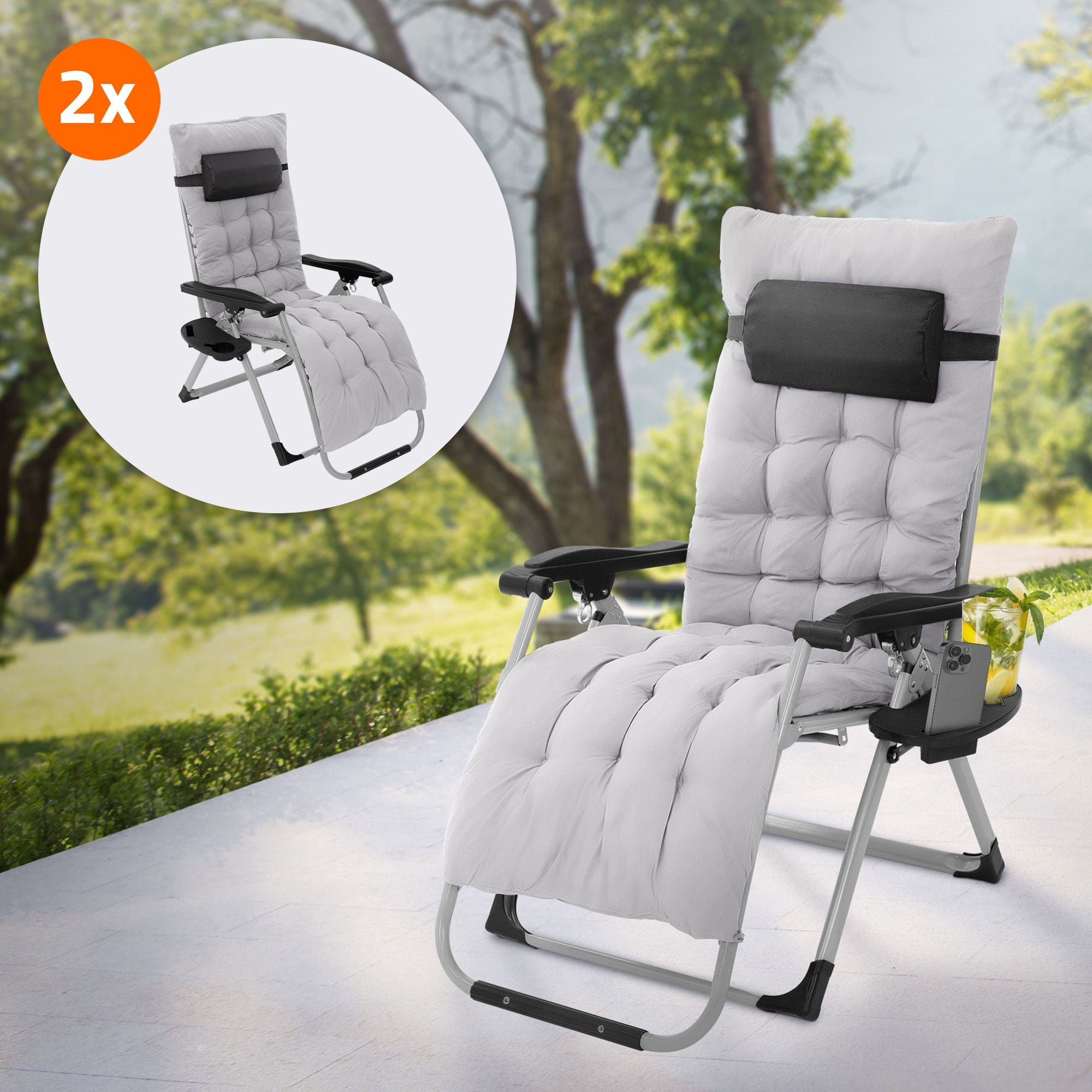 SUNYRISY Transat Bain de Soleil Chaise Longue Pliable, Fauteuil de Jardin Chaise Longue Inclinable avec Coussin de Soutien Porte-gobelet Réglable - pour Patio, Jardin, Plage, Capacité 200kg