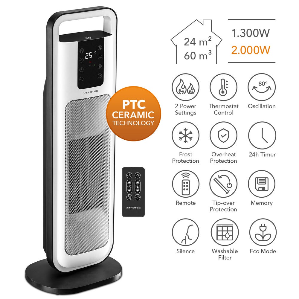 TROTEC Radiateur soufflant céramique tour TFC 21 E, portatif, mobile, électrique, pivotant, mode économie d'énergie, écran dimmable, fonction mémoire - 4