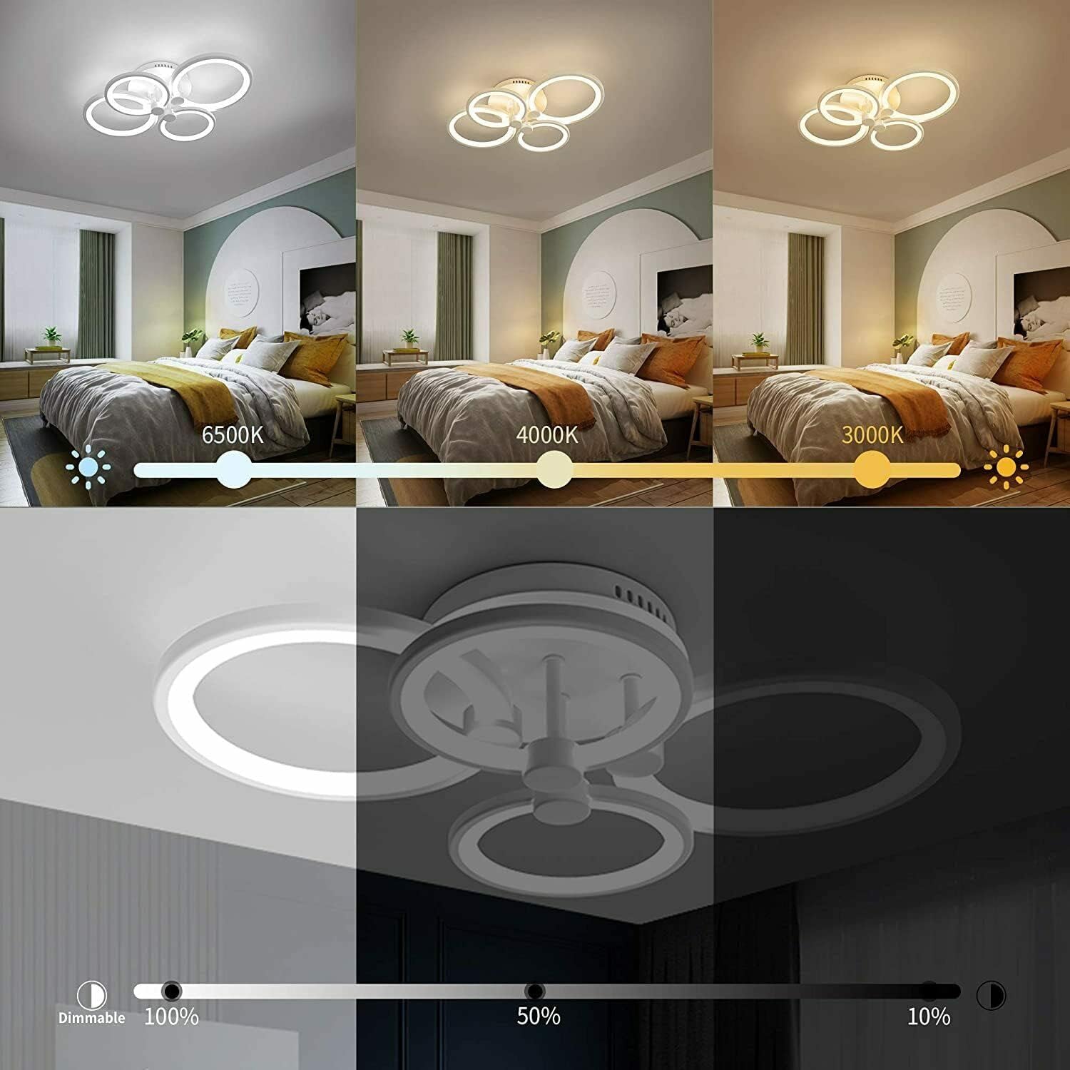 Lampadario LED 4 Cerchi Soffitto 1 Clic Cambio Colore Luce Naturale Calda Fredda 3000K 4000K 6500K Plafoniera Moderna Soggiorno Camera Letto 48W - 3