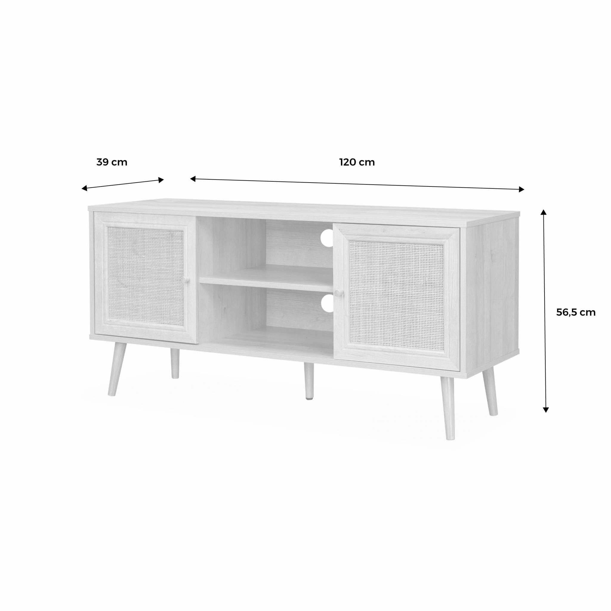 Meuble TV en cannage 120x39x56.5cm - Bohème - Naturel. 2 niveaux. 2 étagères. 2 portes. pieds scandinaves BOHÈME - 7