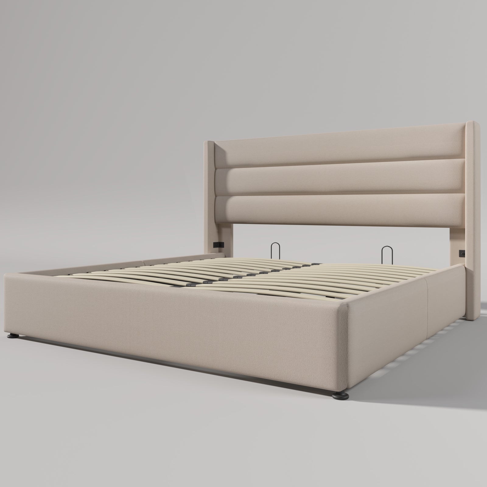 Lit coffre 160x200 avec rangement, lit double adulte avec sommier, structure métallique, revêtement en lin, grand espace de rangement - Beige - 9