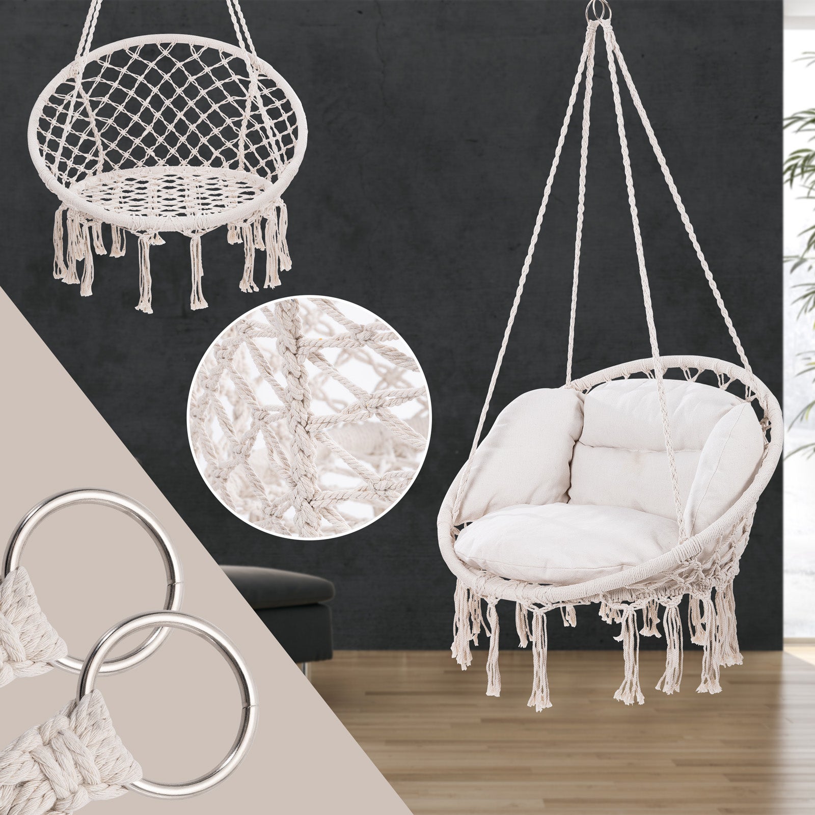 DETEX® Fauteuil suspendu avec coussins crème hamac extérieur chaise suspendue balancelle relax jardin capacité 150 kg fauteuil de lecture - 4