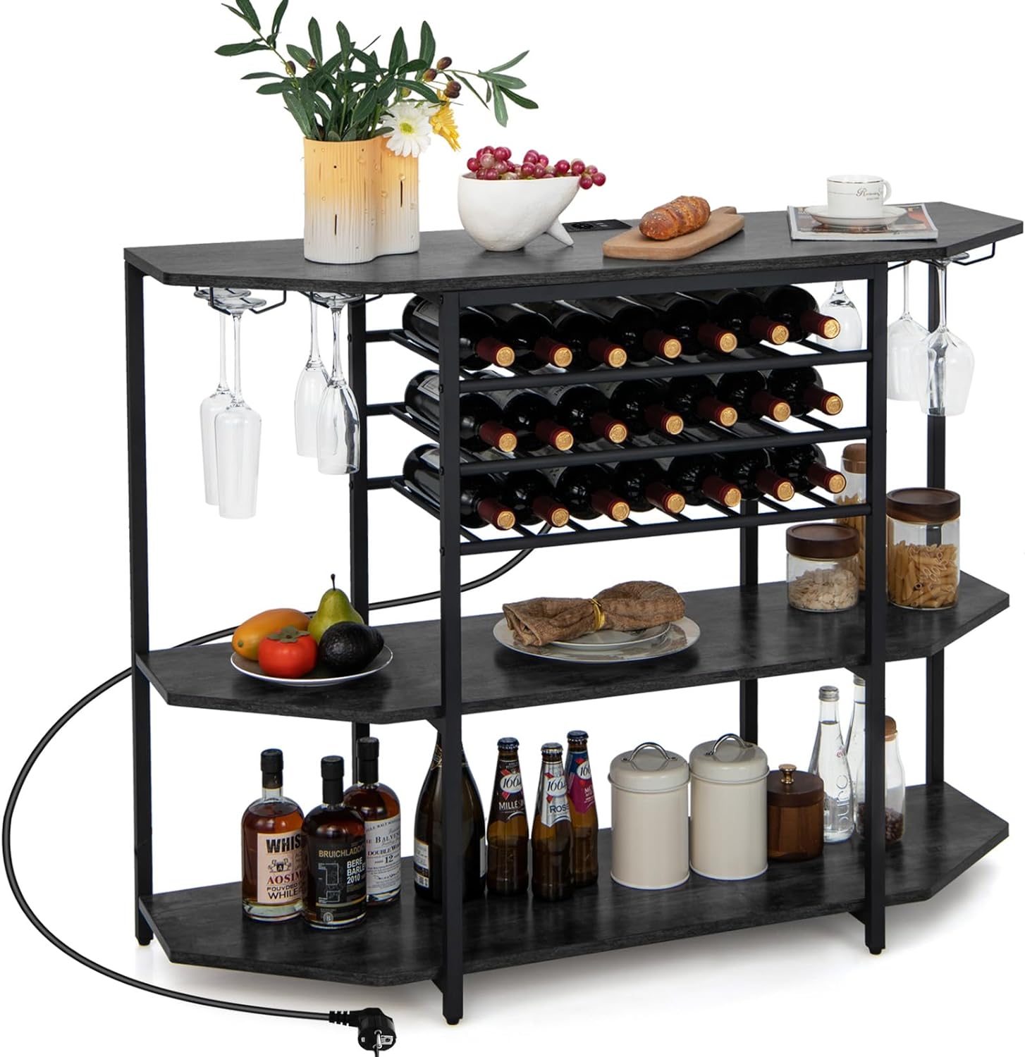 Regał na wino z uchwytem na szkło i półkami, 3 poziomy, na 21 butelek wina, przemysłowa i wolnostojąca szafka na wino do domu, baru, 120 x 40 x 92 cm