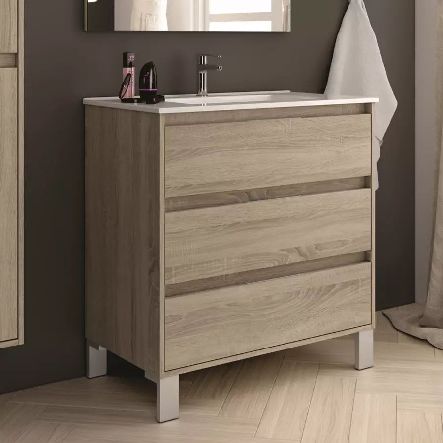 Meuble de salle de bain simple vasque - 3 tiroirs - TIRIS 3C et miroir Led STAM - cambrian (chêne) - 80cm - 2