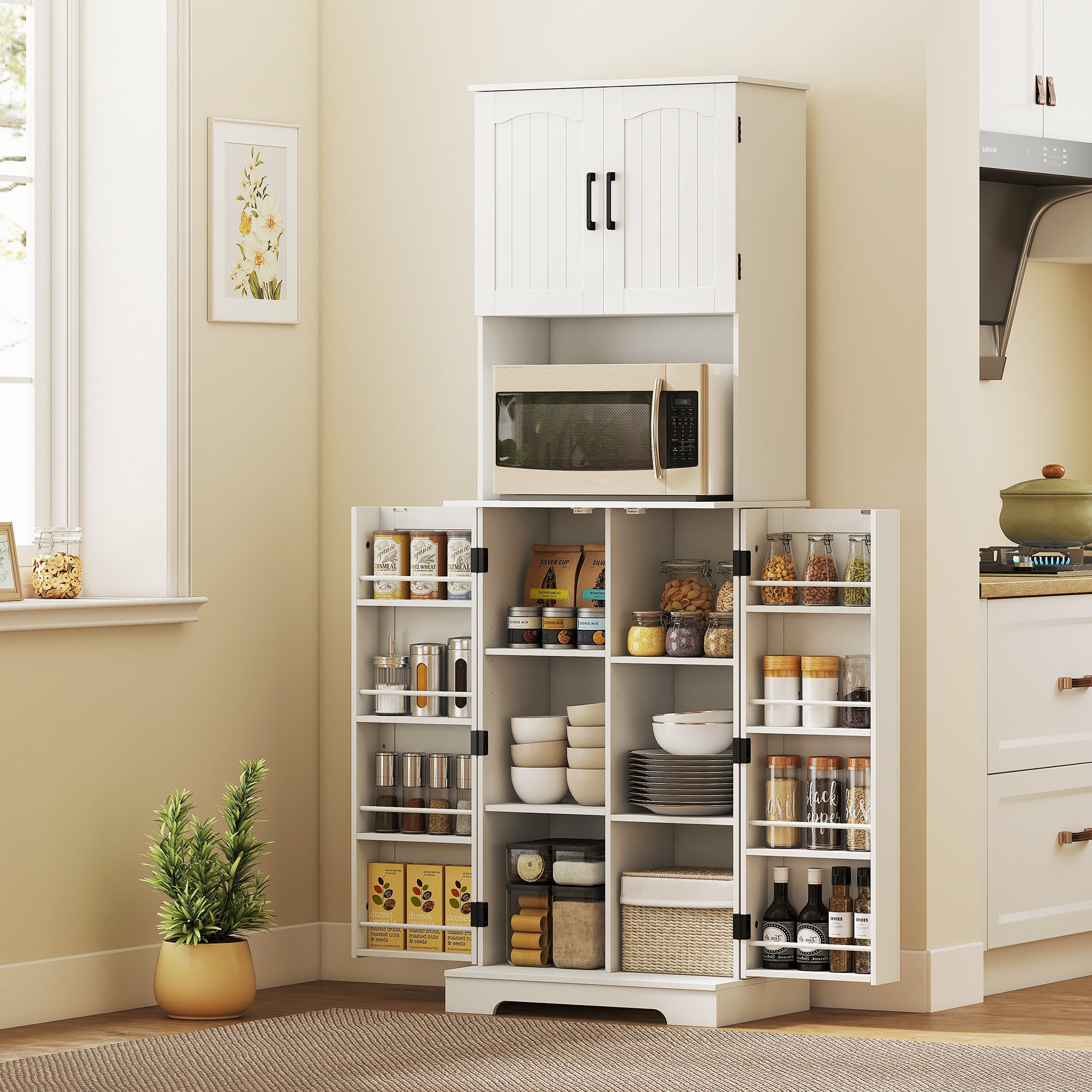 Meuble de cuisine de 181,5cm de haut,avec 8 étagères à épices sur la porte,4 portes,étagères réglables,support pour micro-ondes,blanc. - 4