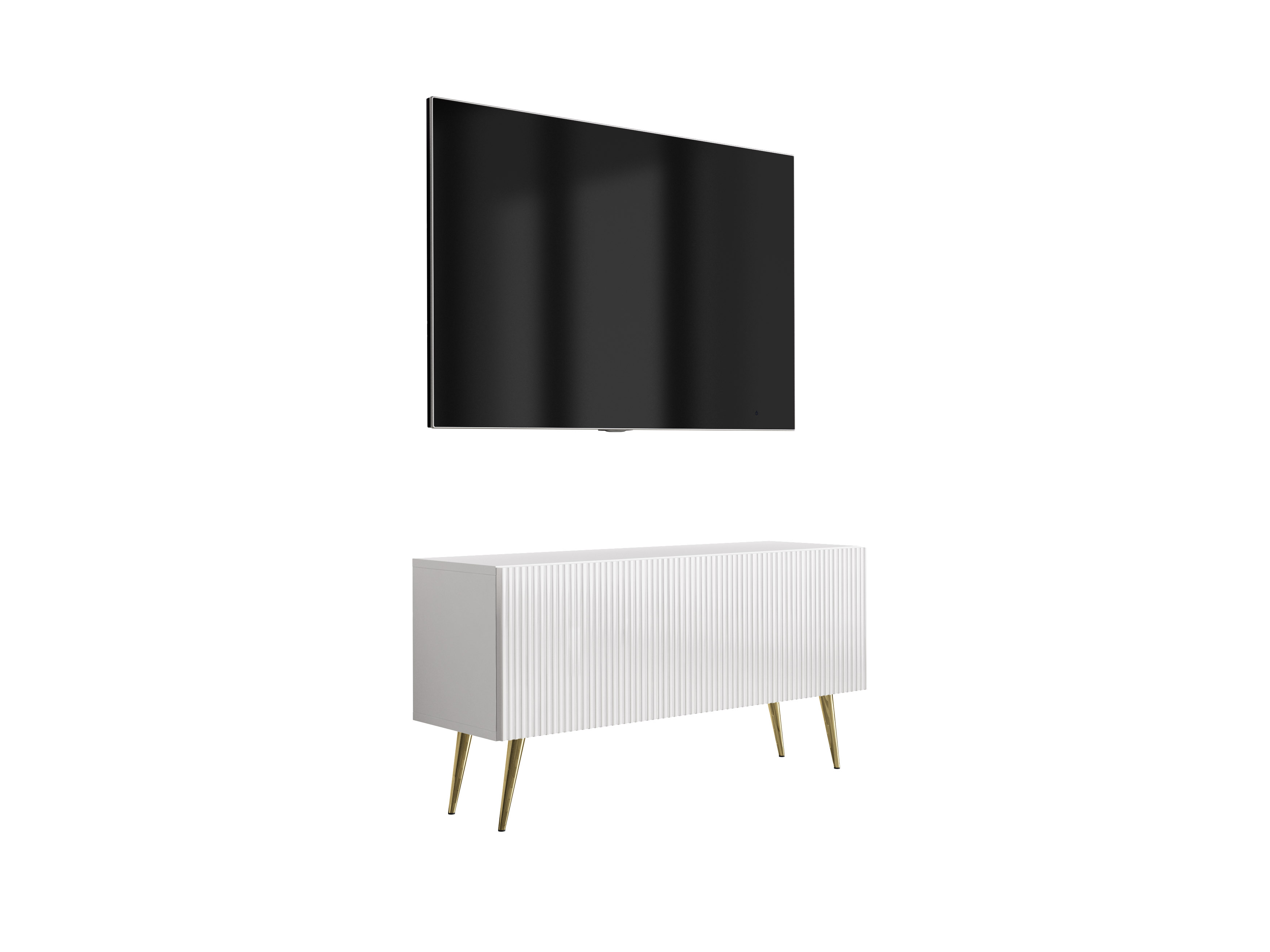 Szafka pod telewizor z ryflowanym frontem 100, Biały Mat, nóżki pochyłe złote, 100 × 32 × 52 cm