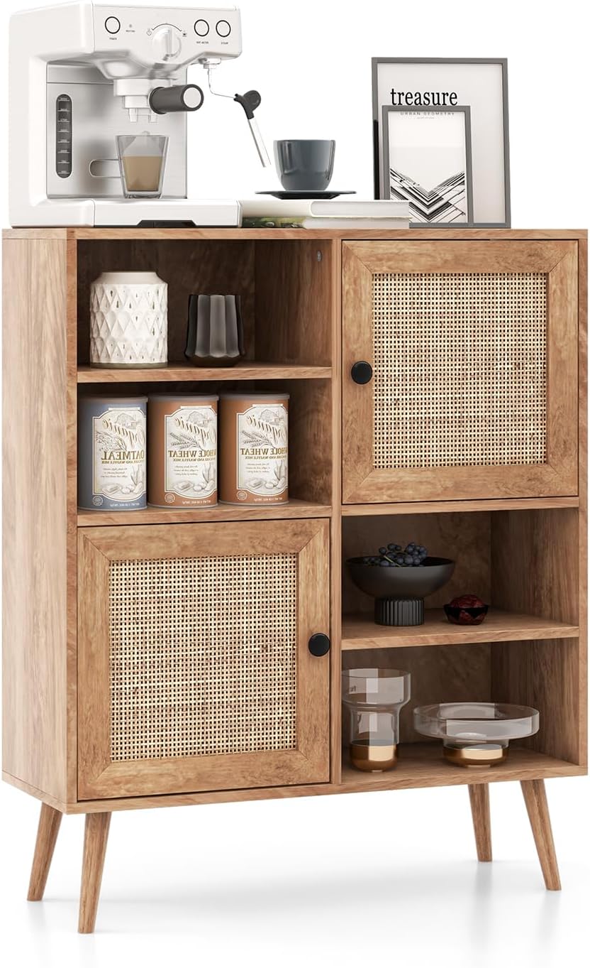 Skandynawska Biblioteczka z 2 Drzwiami z Rattanu, 80 × 29,5 × 97 cm, Szafka do Przechowywania z Zabezpieczeniem przed Przewróceniem, Naturalna