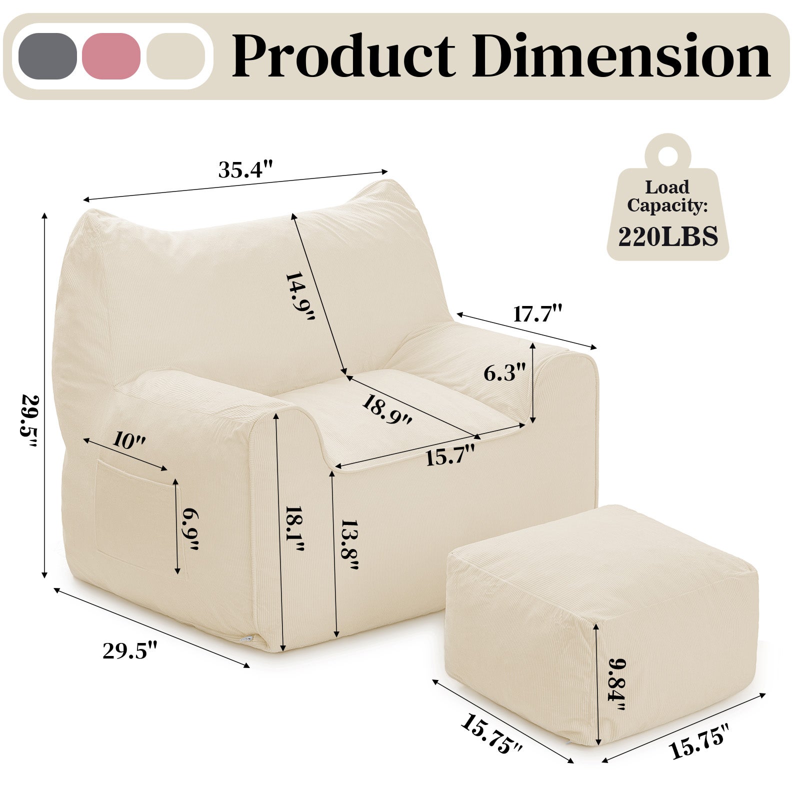 Poltrona in velluto a coste, poltrona a sacco con poggiapiedi, 90x75x75cm, per camera da letto, soggiorno, regalo di Natale - Beige - 2