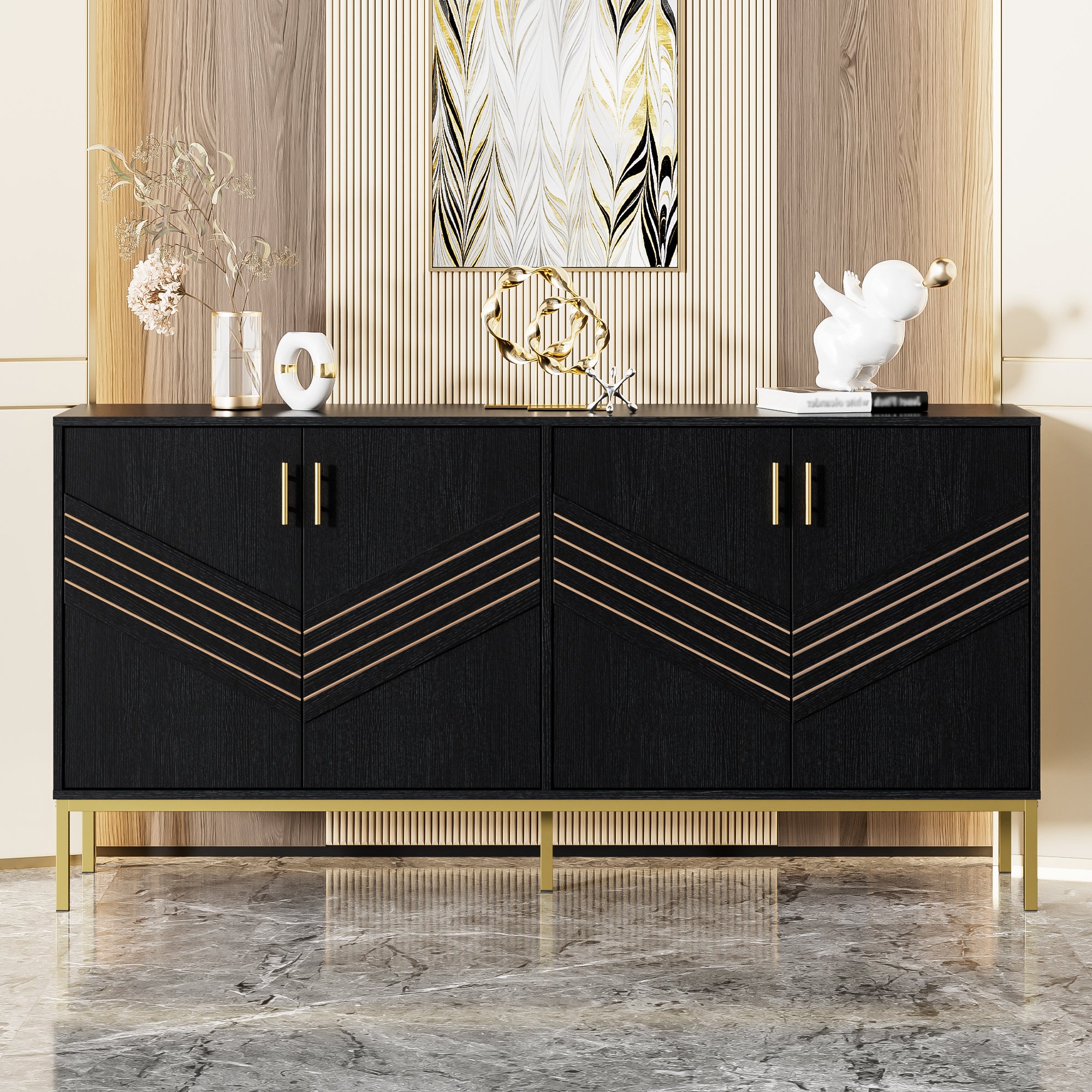 Credenza Alta Moderna Con Ante In Vetro Acrilico – MDF Bianco, 140x38,5x175 Cm, Ripiani Regolabili