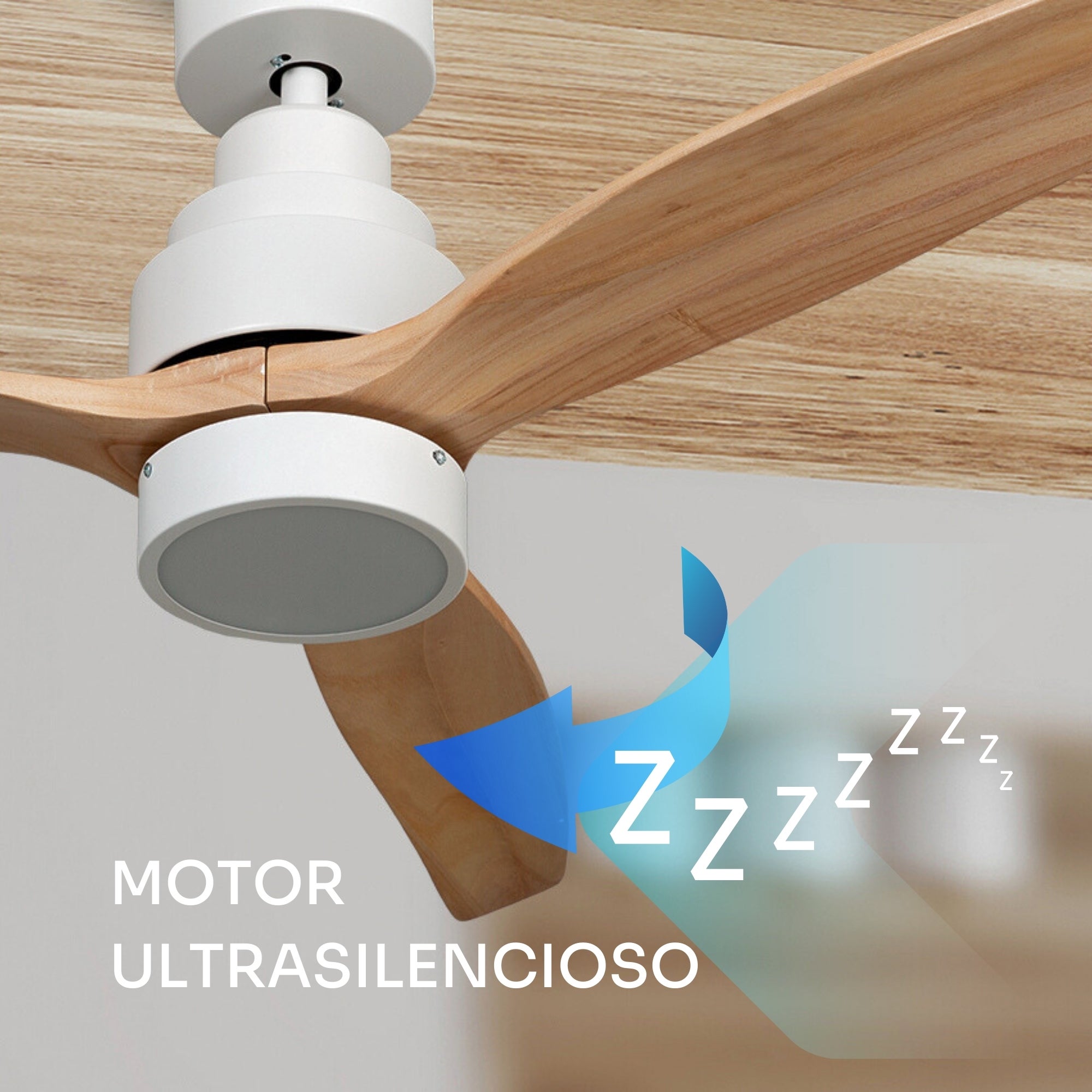 Mellerware - Ventilador de Techo Brizy Bright | 30W | 6 Velocidades | Ultra silencioso | 3 Aspas 132Ø | Función Verano-Invierno | LED | Lightwood - 8