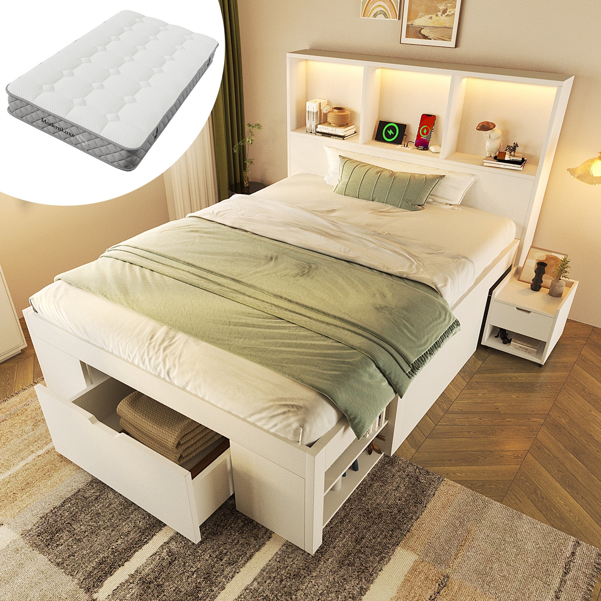 Łóżko Funkcjonalne 90x200 cm Białe z Schowkiem, Ruchomą Szafką Nocną, LED i USB-C – Jednoosobowe Łóżko Drewniane dla Młodzieży z Materacem w Zestawie