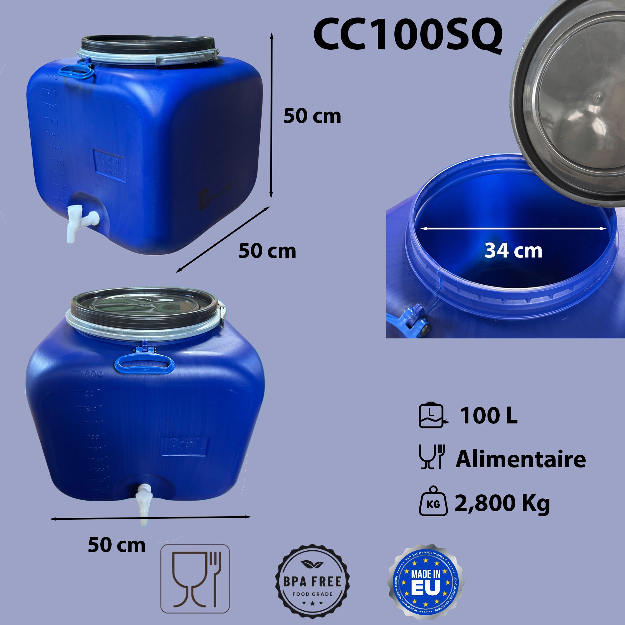 Bidon Plastique 100 Litres Carré avec Robinet et Couvercle Ø34 cm – Réservoir Alimentaire Hermétique - 2