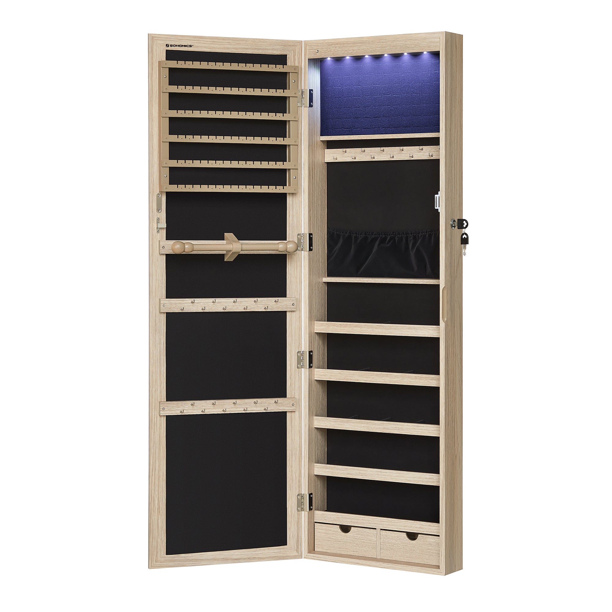 Armoire à Bijoux, Placard à Accessoires, avec Miroir, Divers Compartiments, Verrouillable, Couleur Chêne - 9