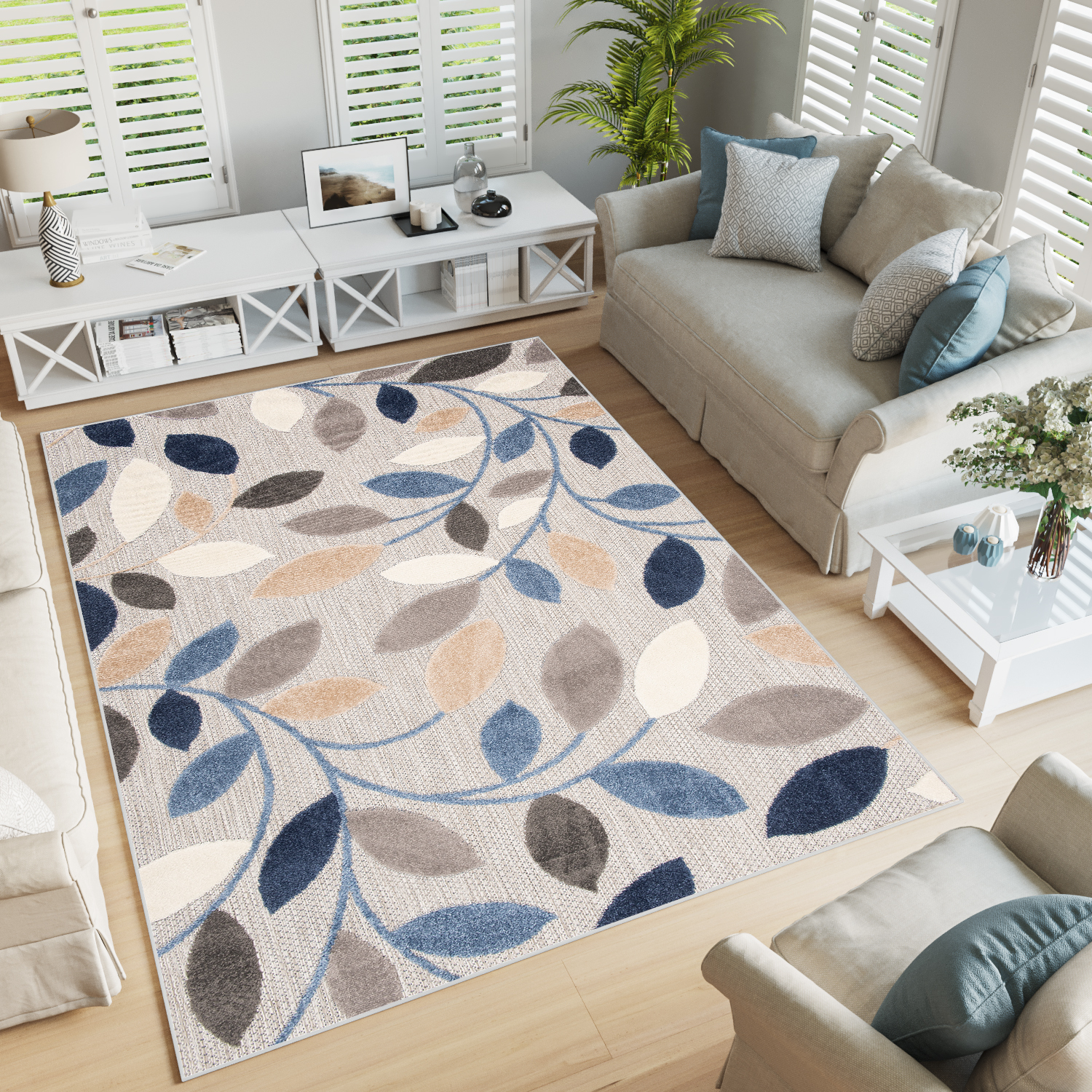 Tapiso patio alfombra exterior interior habitación cocina terazza balcón efecto 3d azul beige gris crema hojas pelo corto 200 x 300 cm