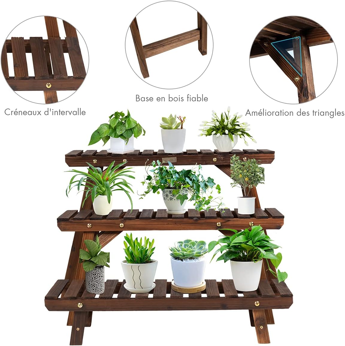 Étagère pour plantes en bois 3 niveaux echelle escalier porte-plante longueur 70cm charge 10kg - 4