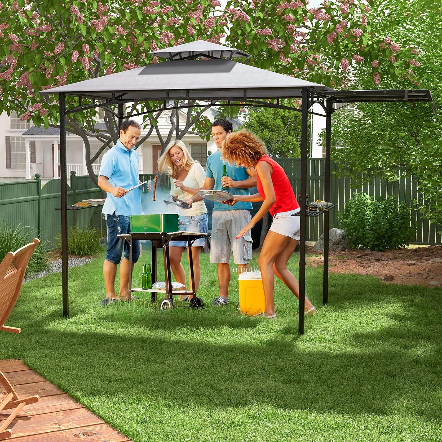 Tonnelle de Barbecue 318 x 153 cm avec Auvent Latéral, Abri Barbecue Cadre en Métal avec Dessus à 2 Niveaux 2 Etagères Latérales pour Jardin - 2